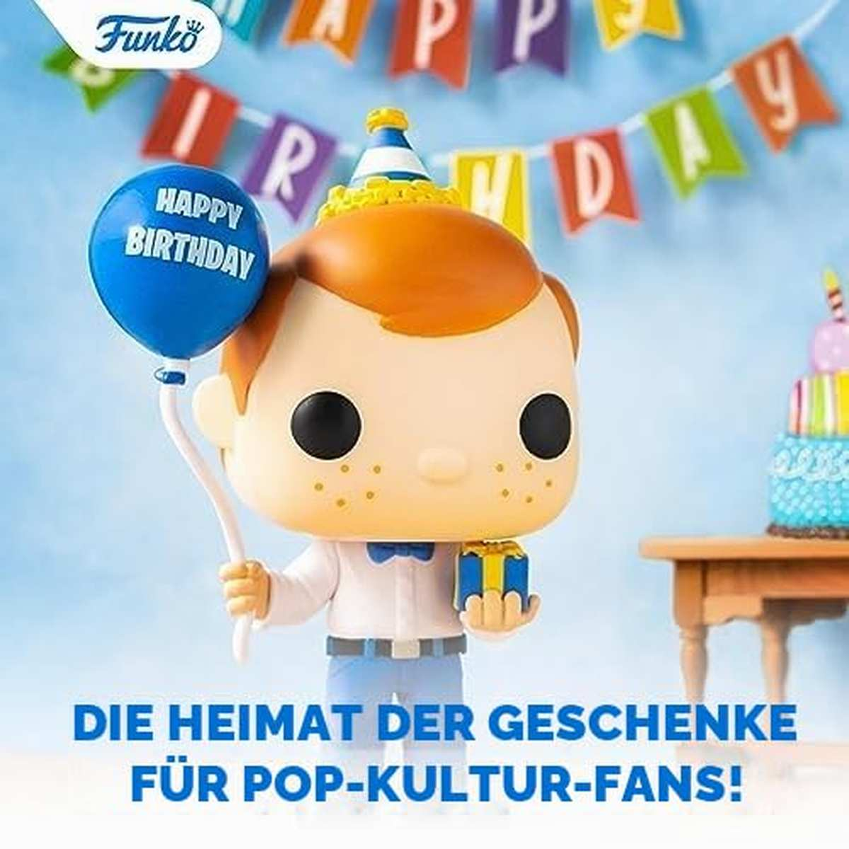 Una figura Funko Pop con sombrero de fiesta, sosteniendo un globo azul y un regalo, con pancartas de cumpleaños.