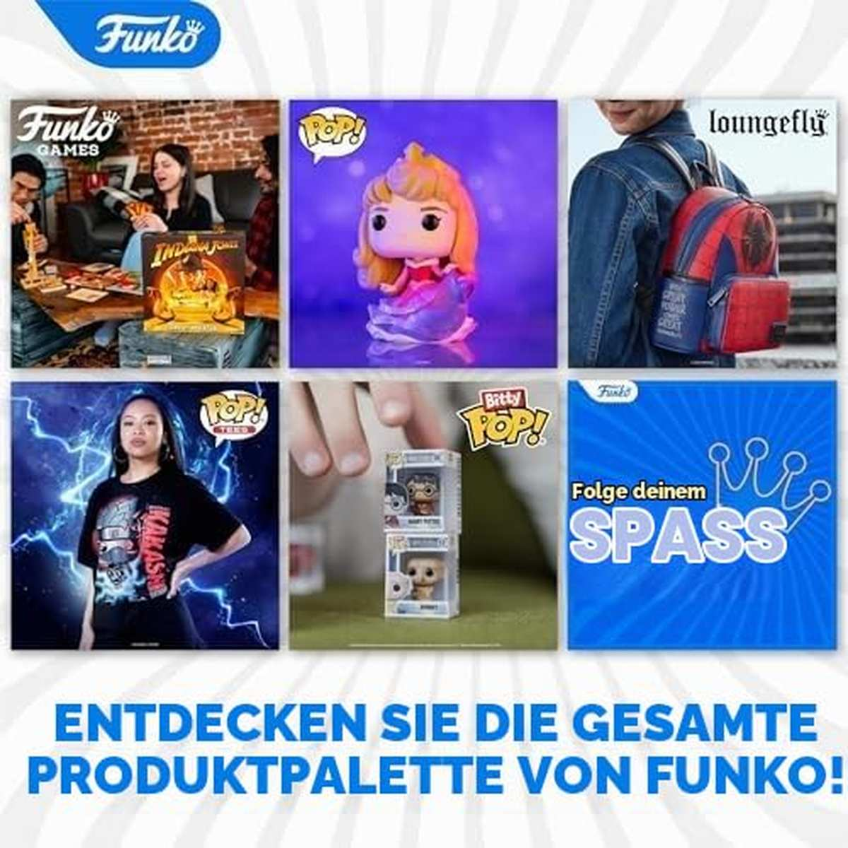 Un collage de seis imágenes de productos Funko que muestran juegos, figuras, mochilas, ropa y texto.