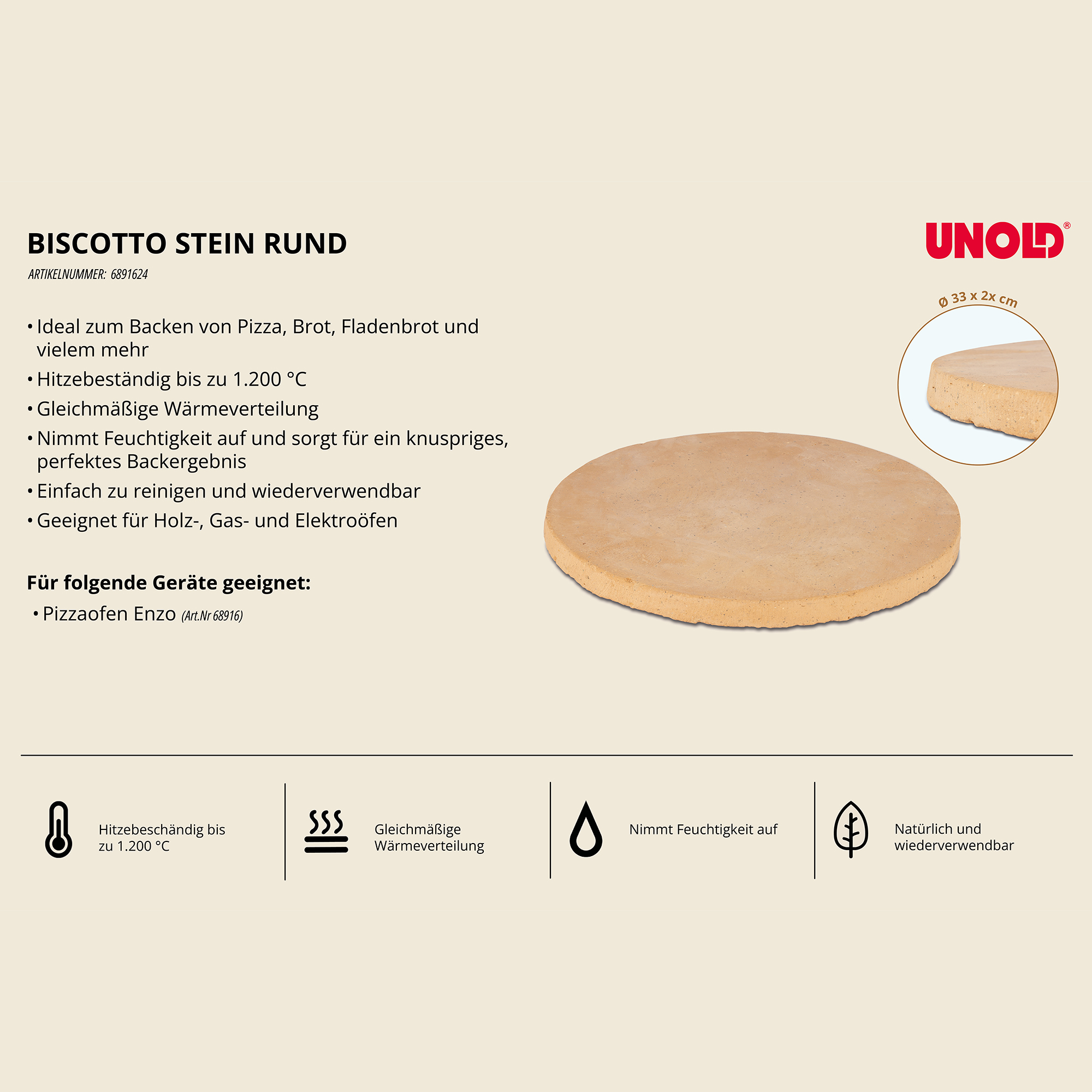Produktwerbung für einen runden Pizzastein mit Eigenschaften und Unold-Logo auf beigeem Hintergrund.
