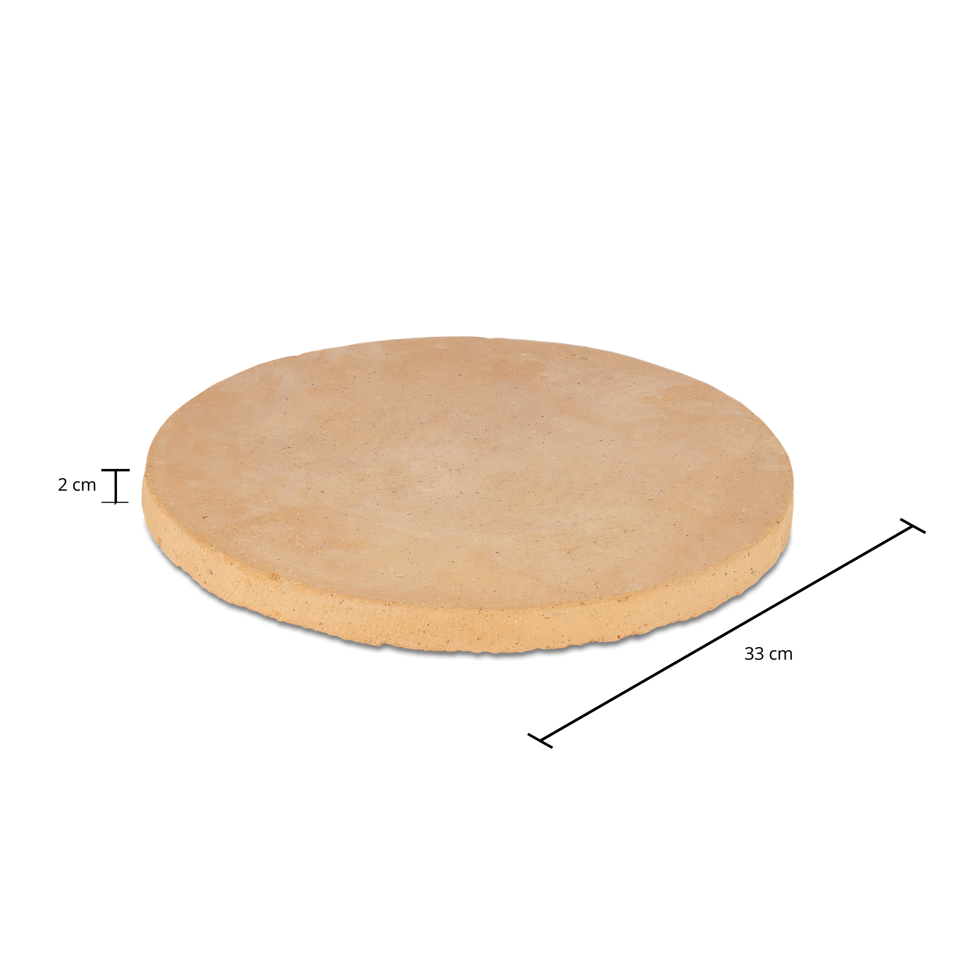 Runder Pizzastein aus Ton mit 33 cm Durchmesser und 2 cm Dicke auf weißem Hintergrund.