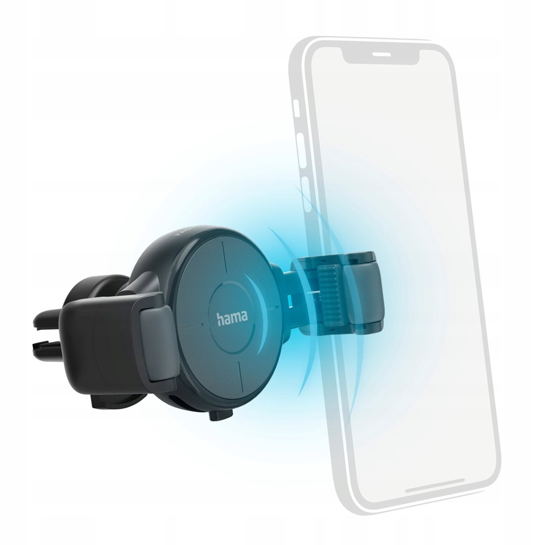 Schwarze Hama Autohalterung mit blauen Wellen, die ein Smartphone berühren.