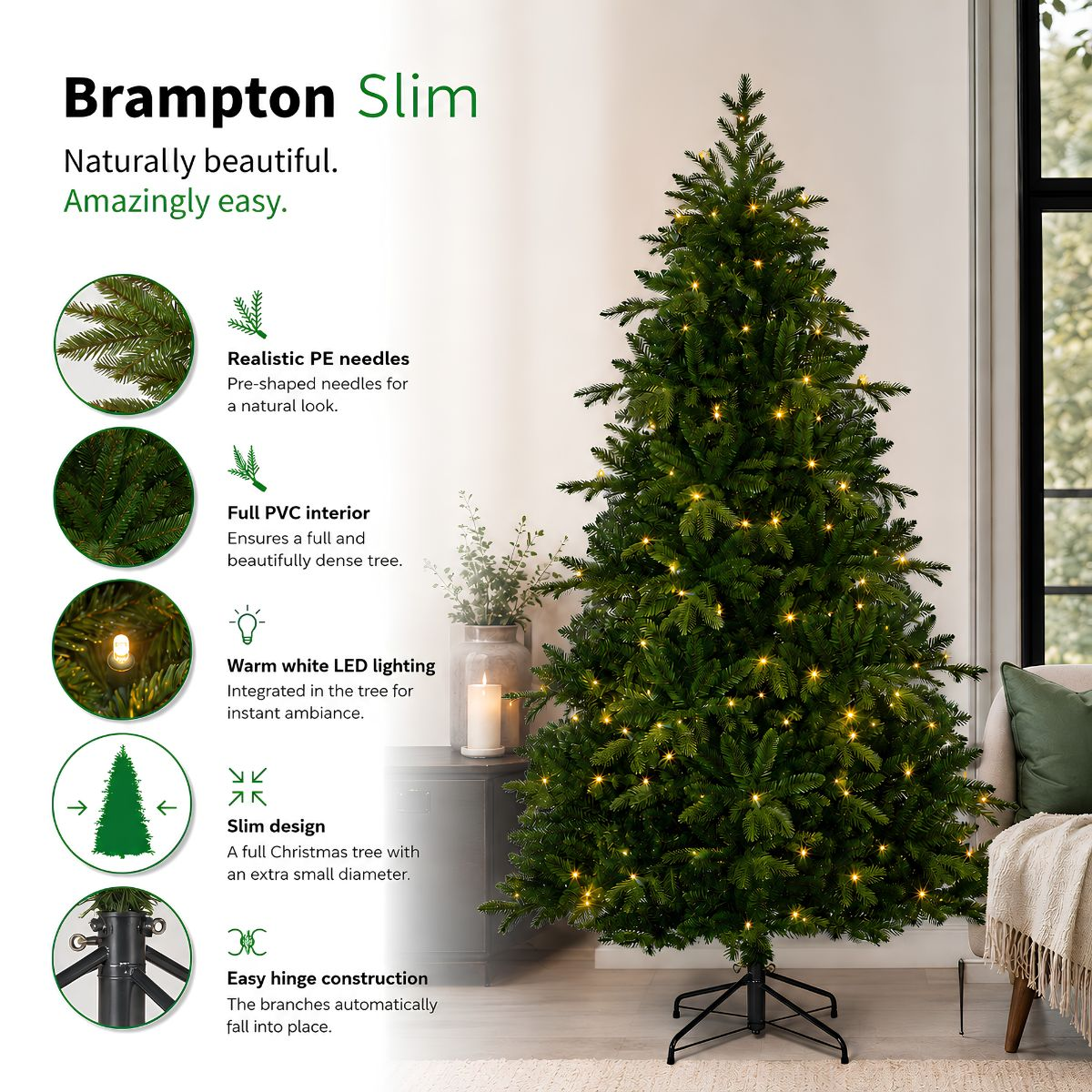 Brampton Slim kerstboom met PE naalden, warme LED verlichting en slank design.