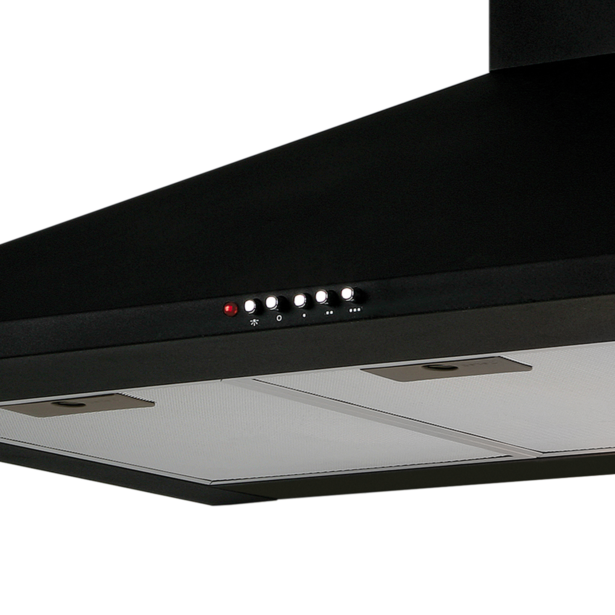 Cappa aspirante nera con pulsanti argento e illuminazione inferiore.