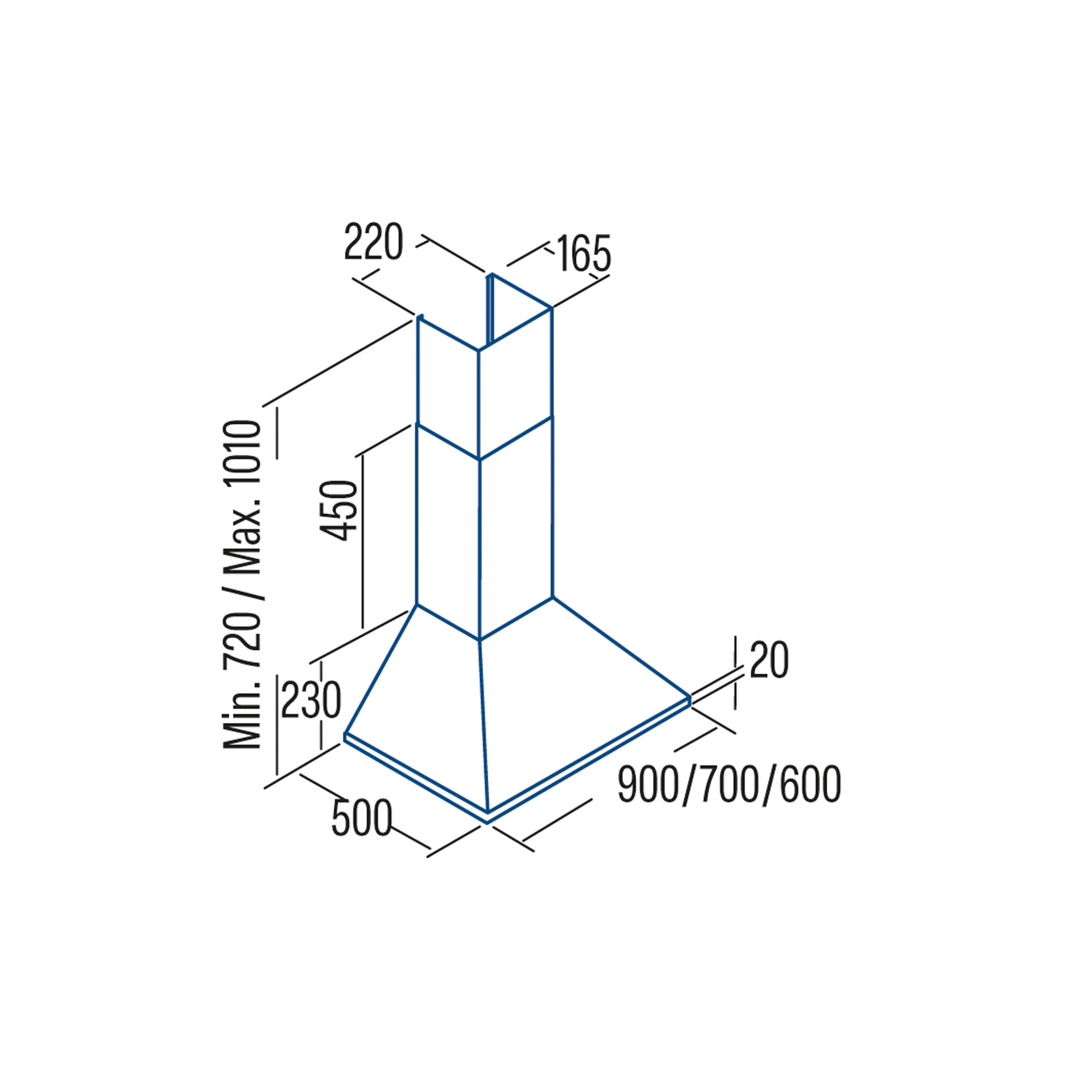 Disegno tecnico di una cappa da cucina con dimensioni in mm.
