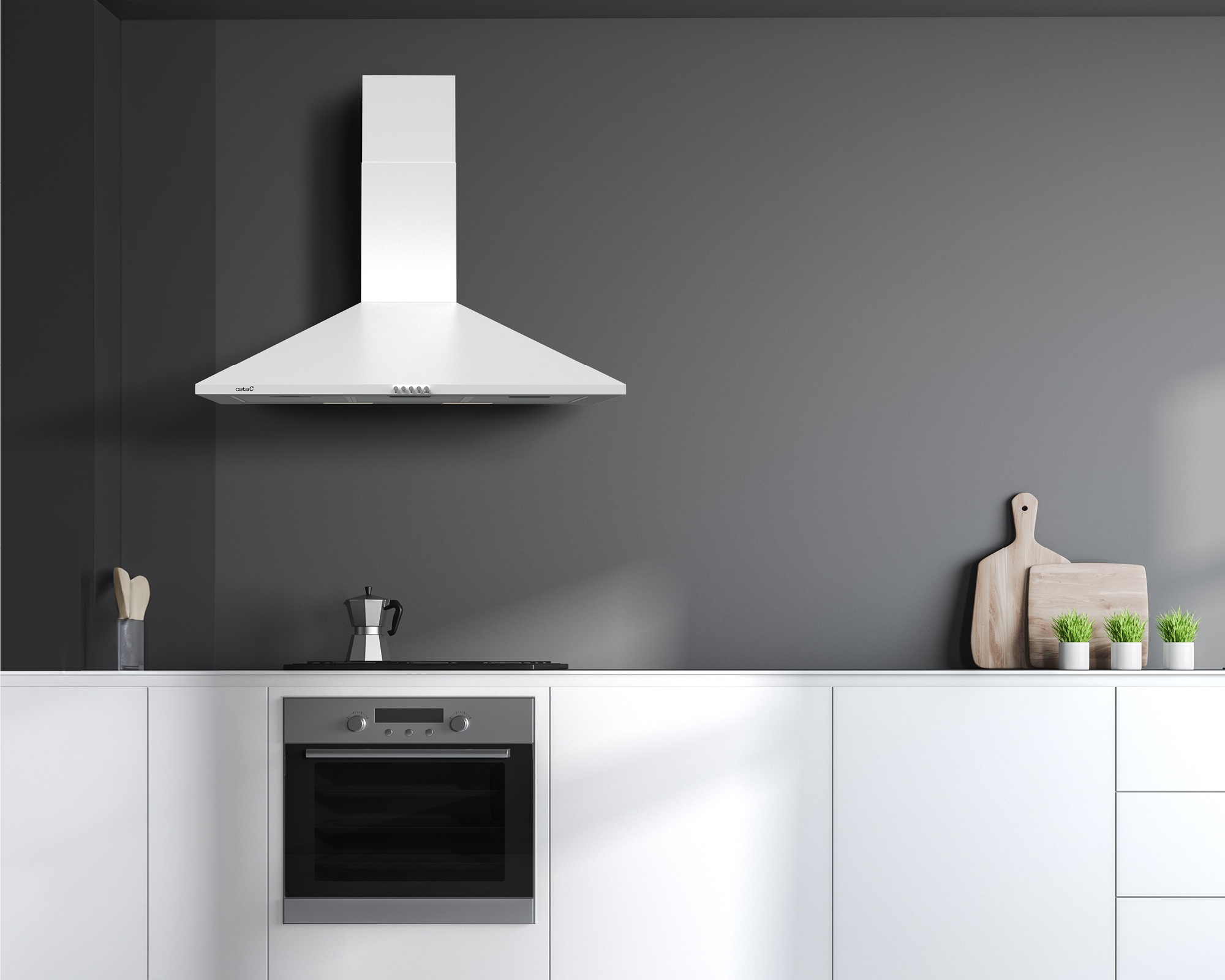 Cucina moderna con cappa bianca, pareti grigie, forno incassato, taglieri e piccole piante in vaso.