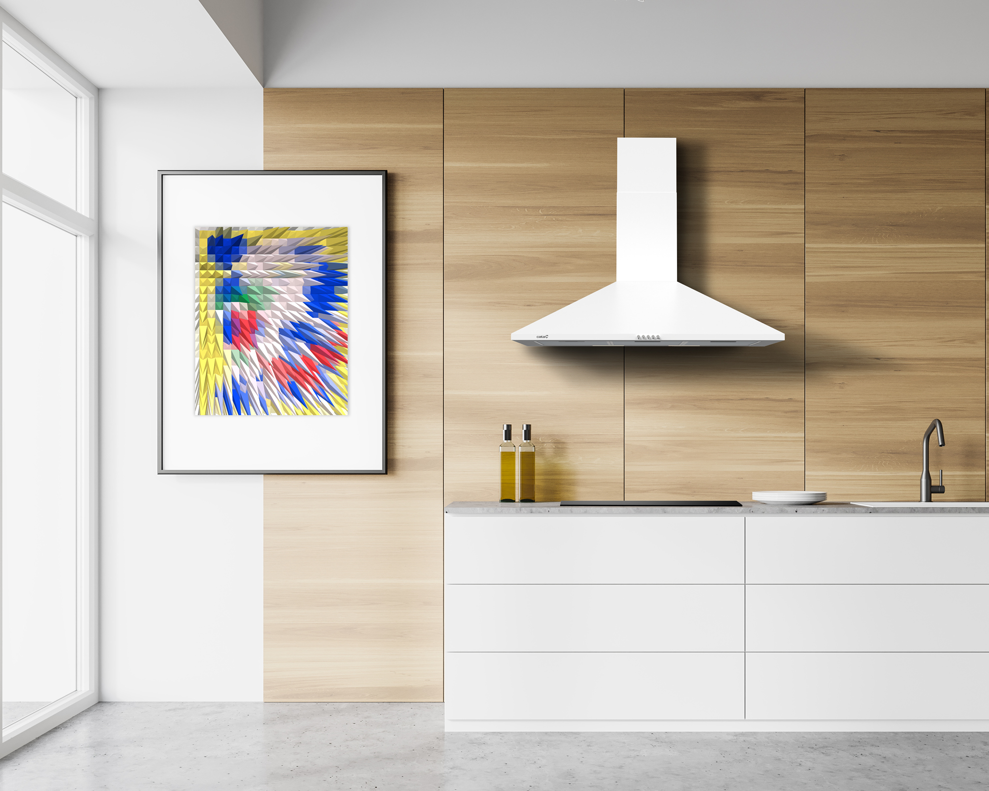 Una cucina moderna con mobili bianchi, pannelli in legno, cappa bianca e una colorata opera d'arte astratta.
