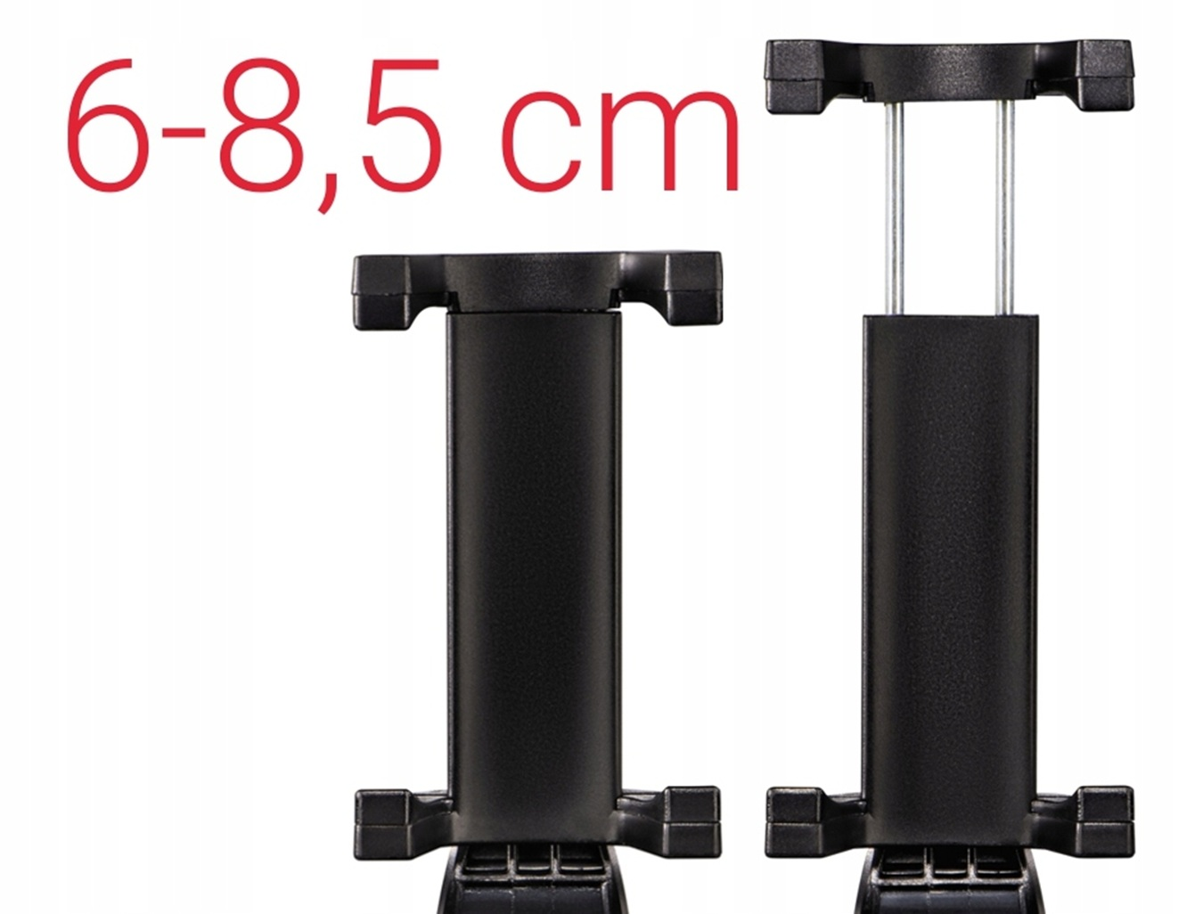 Due supporti per telefono neri che mostrano l'intervallo regolabile da 6 a 8,5 cm con testo rosso.