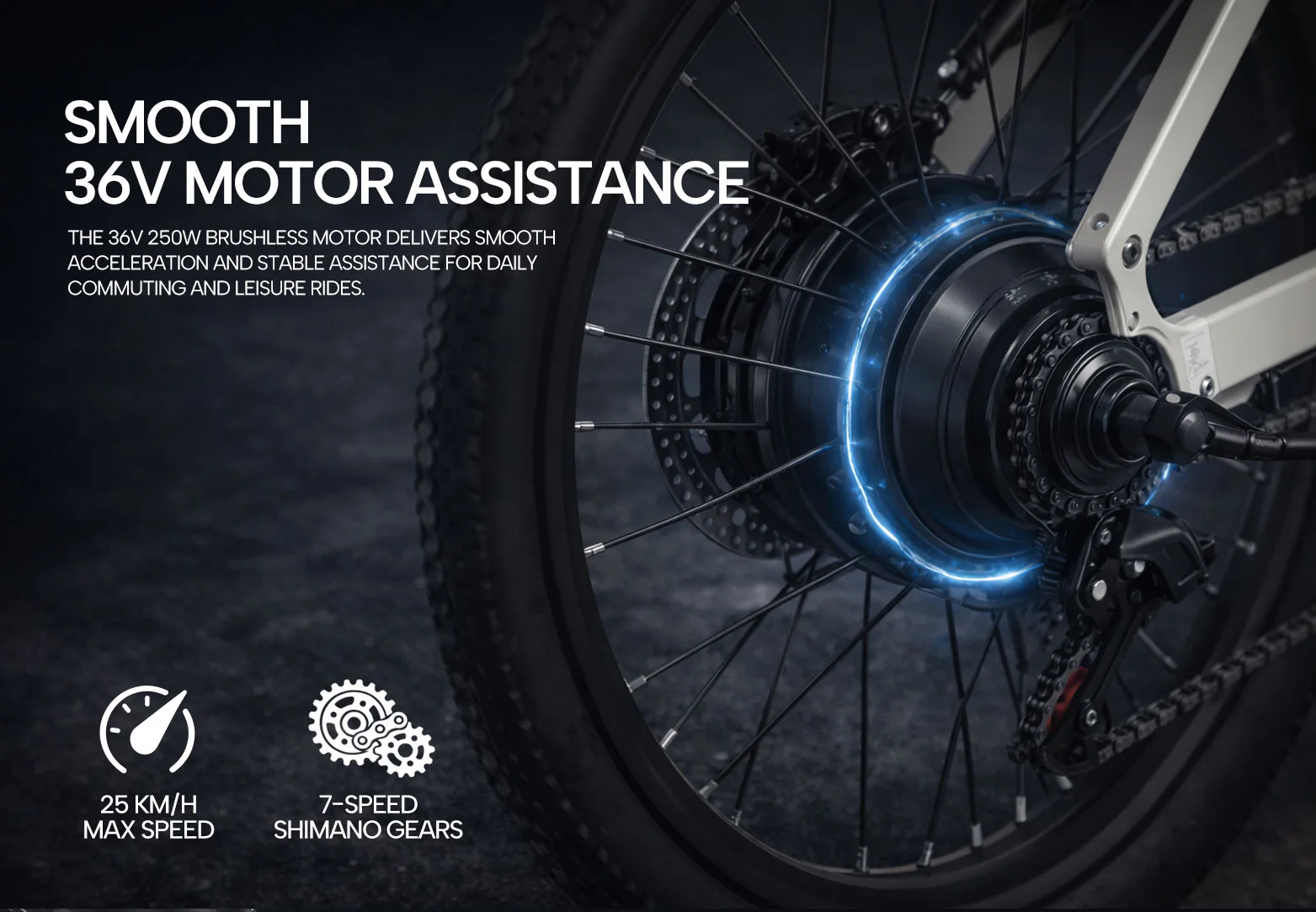 Primer plano de la rueda trasera de una e-bike con motor de 36V azul y marchas Shimano de 7 velocidades.