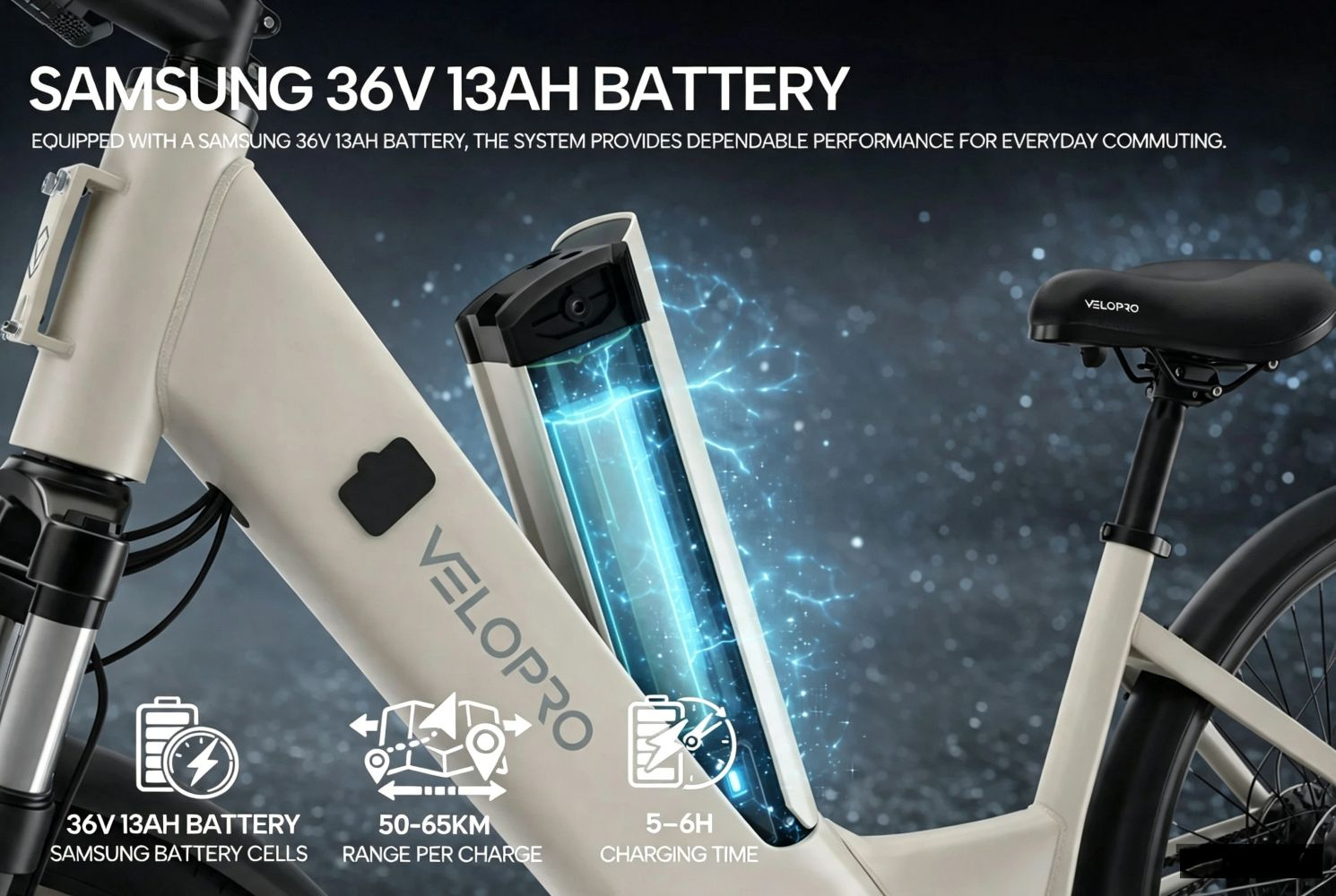 Una bicicleta eléctrica blanca Velopro con batería Samsung integrada y brillo azul.