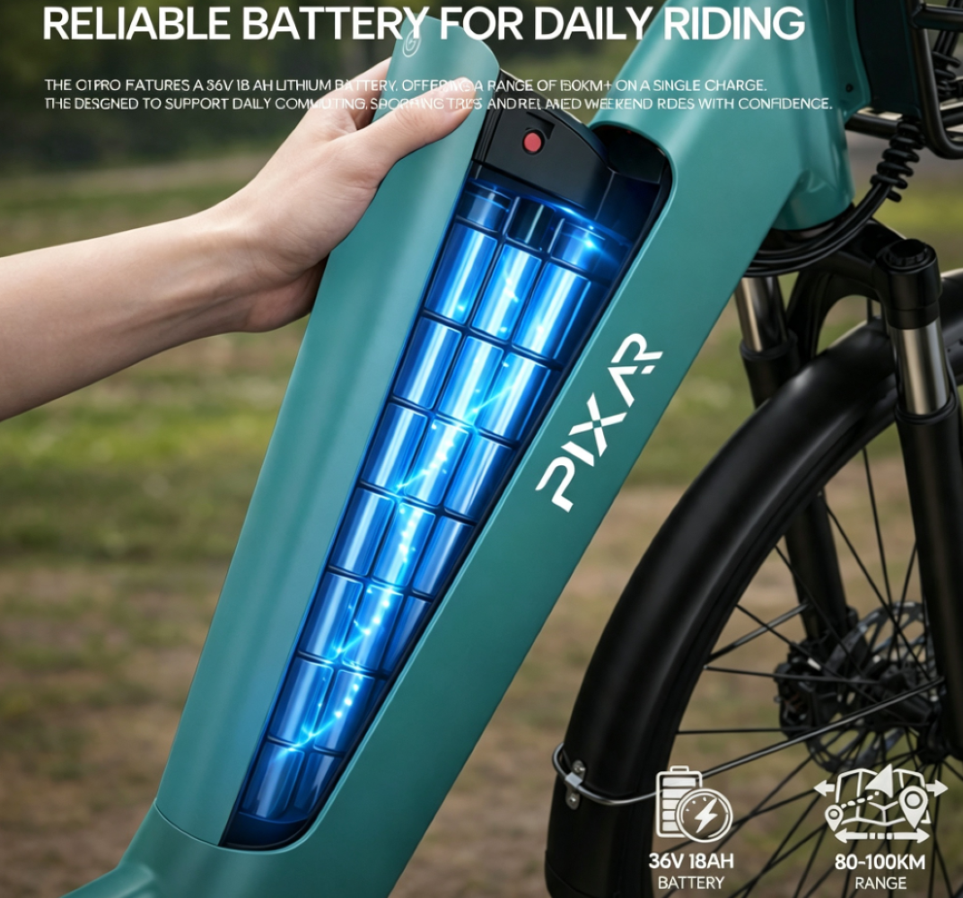 Una mano insertando una batería azul brillante en el cuadro de una bicicleta eléctrica.