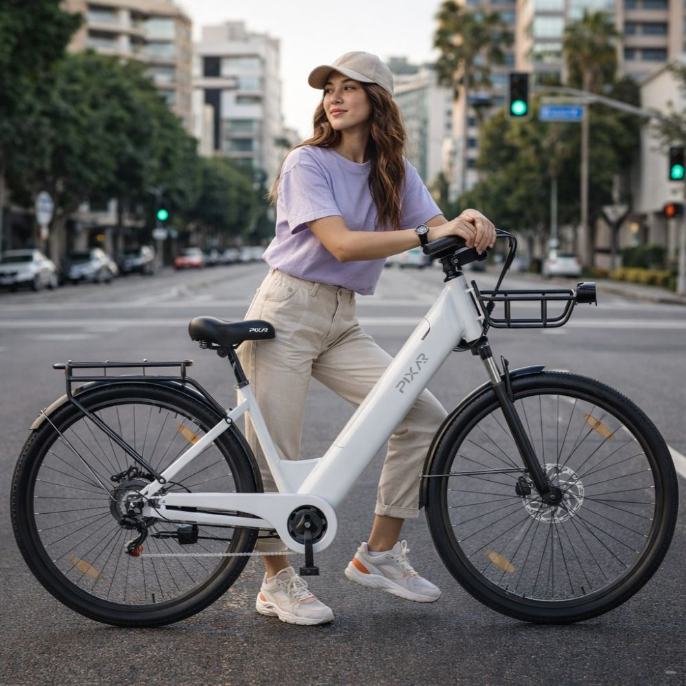 Una mujer sonriente con gorra, camisa morada y pantalones claros posa con una bicicleta eléctrica blanca.