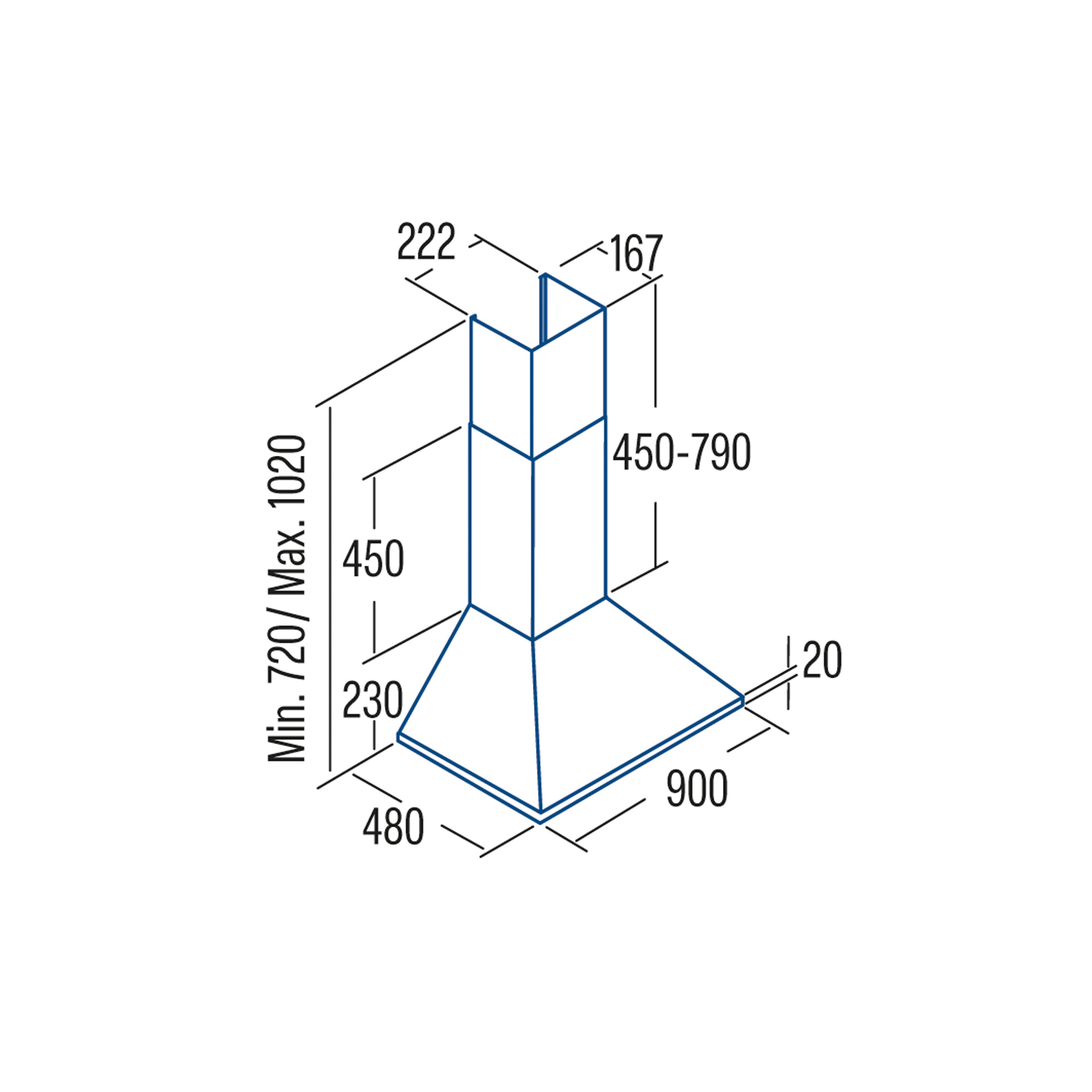 Disegno tecnico di una cappa da cucina con dimensioni in millimetri.