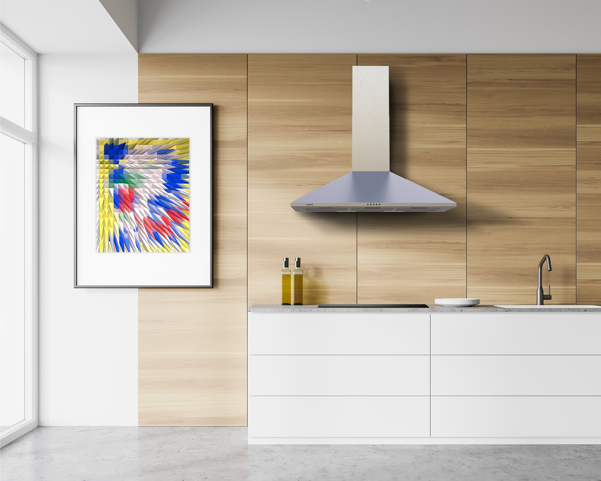 Cucina moderna con mobili bianchi, parete in legno, cappa aspirante e arte astratta.