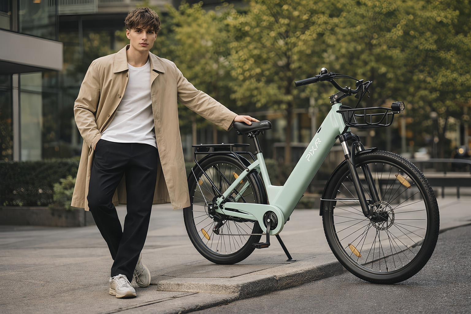 Un joven con gabardina está de pie en una acera junto a una bicicleta eléctrica verde claro en la ciudad.