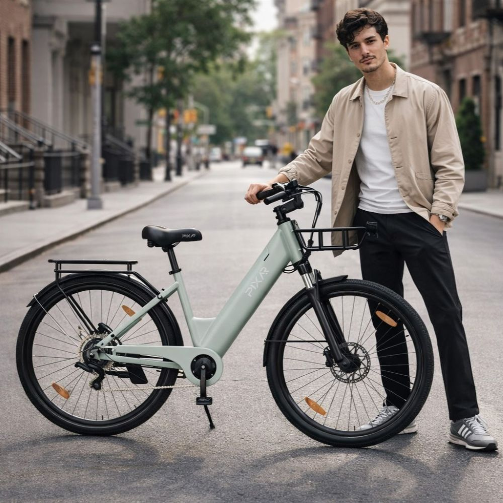 Un joven est en una calle junto a una bicicleta elctrica verde claro.
