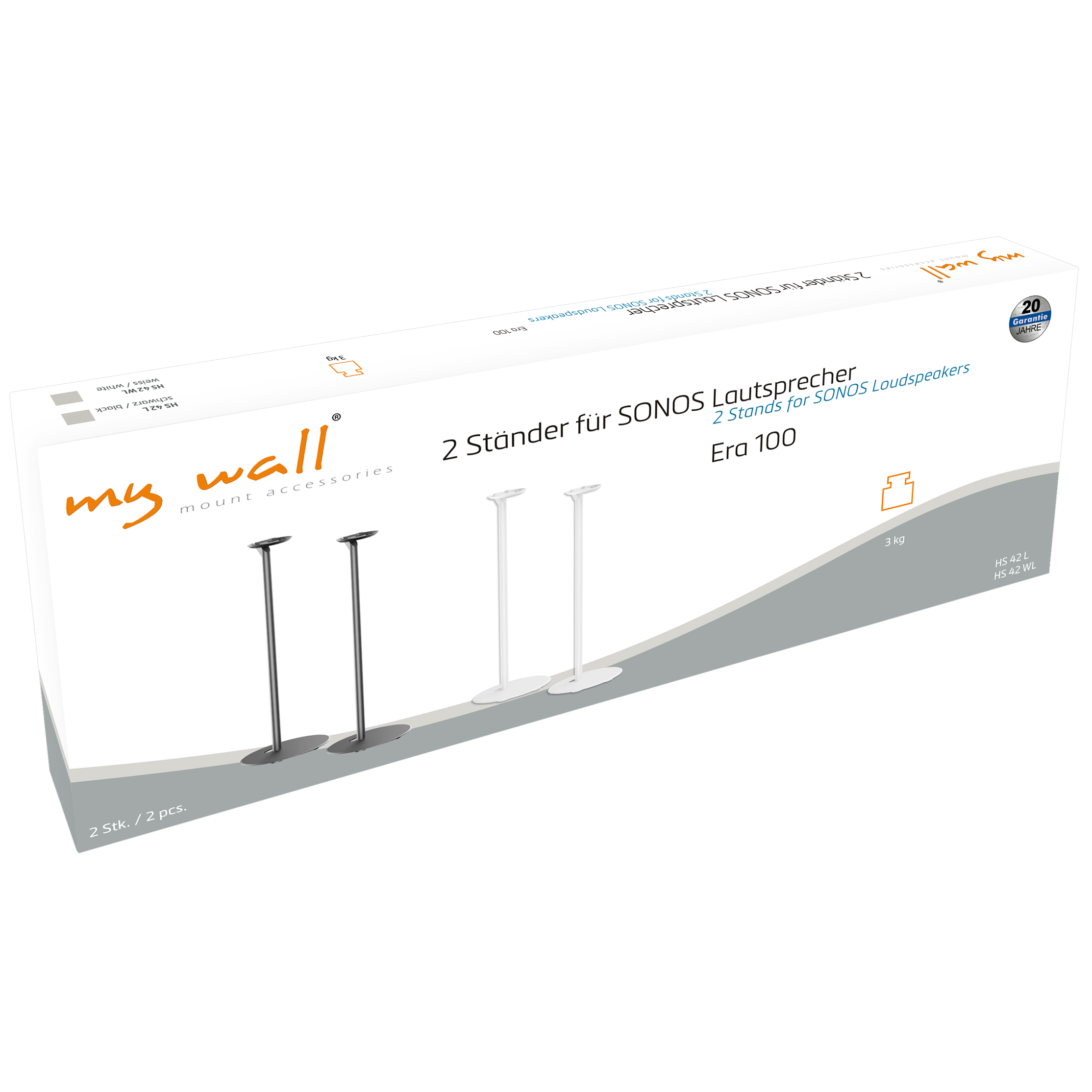 Produktverpackung von My Wall für zwei Lautsprecherständer für Sonos Era 100 in Schwarz und Weiß.