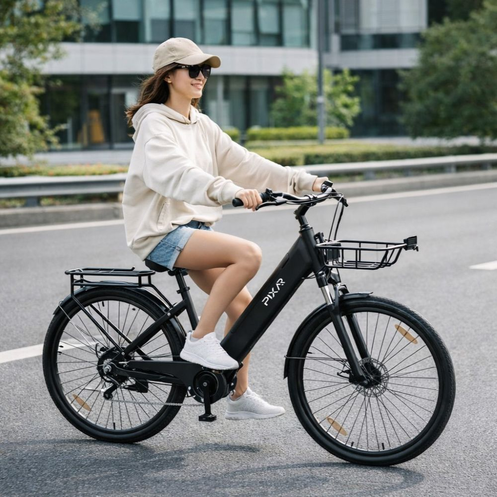 Una mujer con gorra, gafas de sol y sudadera clara monta en una bicicleta eléctrica negra por una carretera asfaltada.