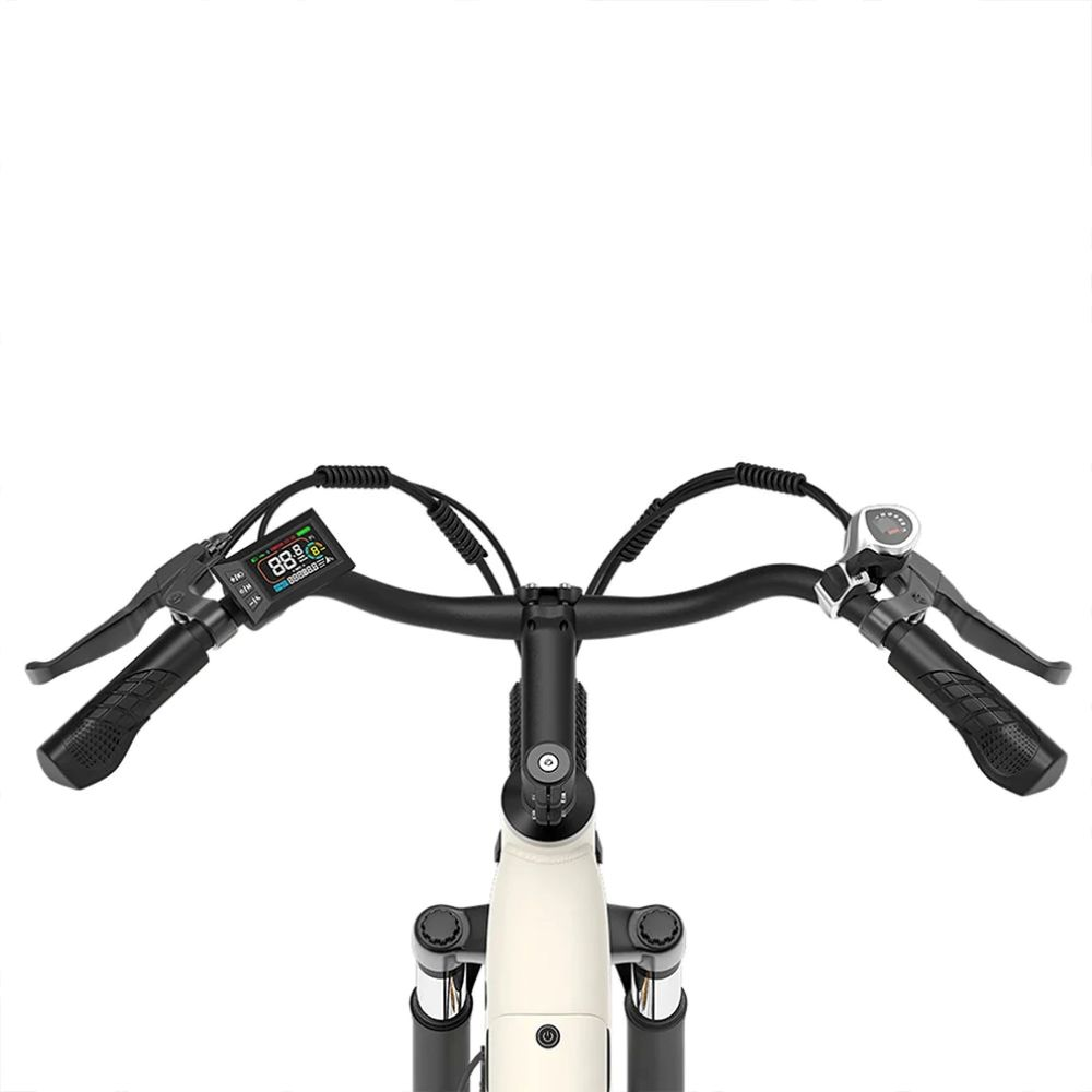 Vista superior del manillar de una bicicleta eléctrica con pantalla digital, manetas de freno y horquilla.