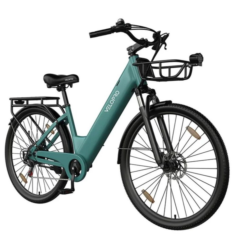 Bicicleta eléctrica Velopro verde azulado con cesta delantera, portaequipajes trasero y guardabarros negros.