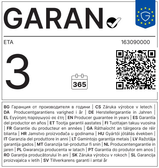 Garantiekarte mit dem Text GARAN 3, QR-Code, Kalendersymbol und mehrsprachigen Garantieinformationen.