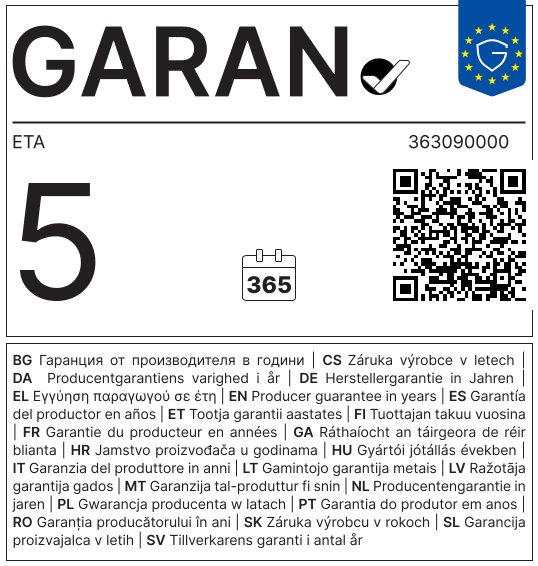 Etichetta di garanzia del prodotto con il numero 5, un codice QR e dettagli della garanzia in più lingue.