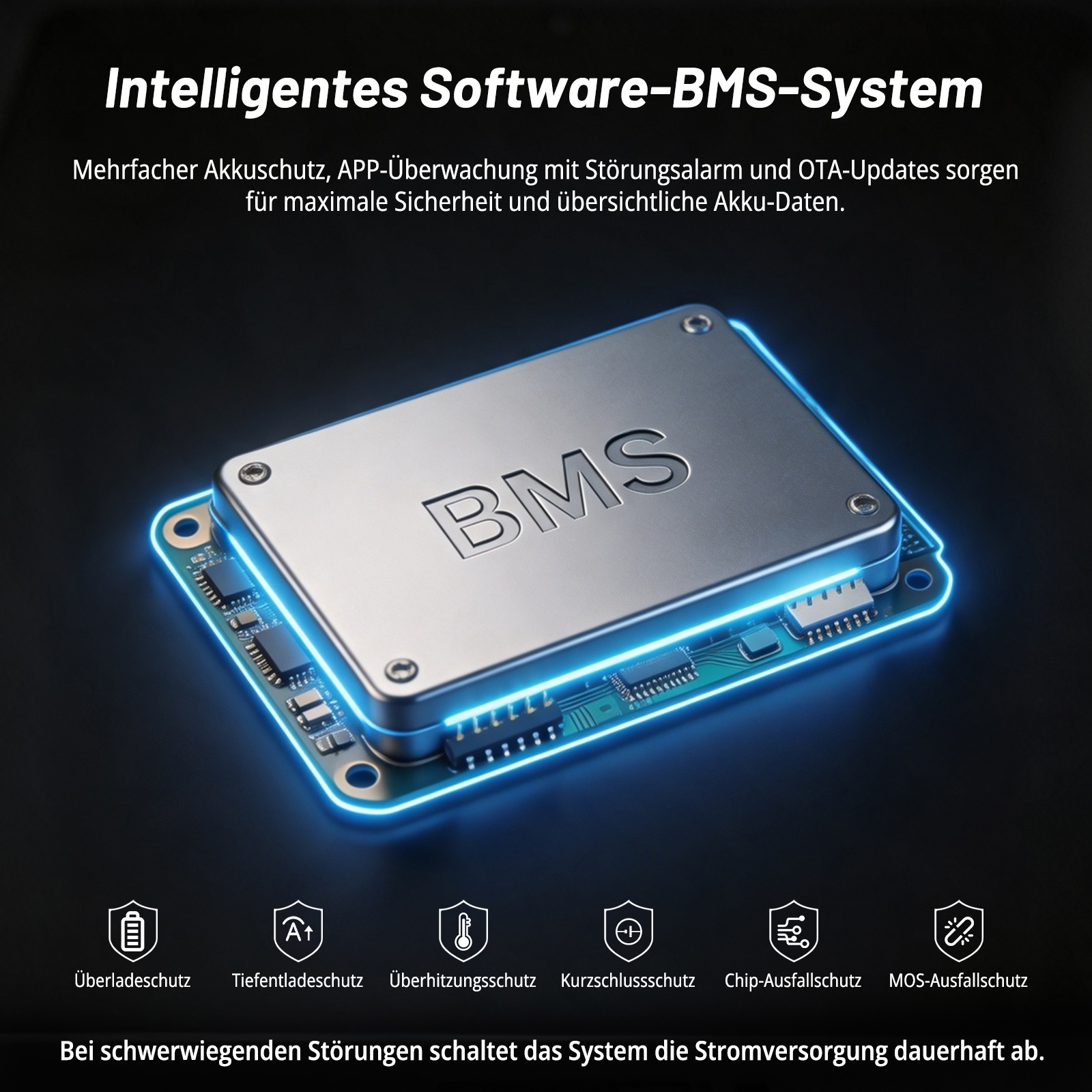 BMS-Modul mit blauem Leuchtring und sechs Schutzsymbolen auf schwarzem Hintergrund.