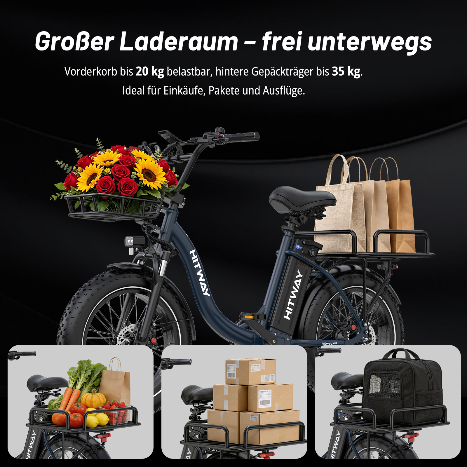 Dunkelblaues HITWAY Elektrofahrrad mit Blumenkorb vorne und Taschen hinten vor schwarzem Hintergrund.