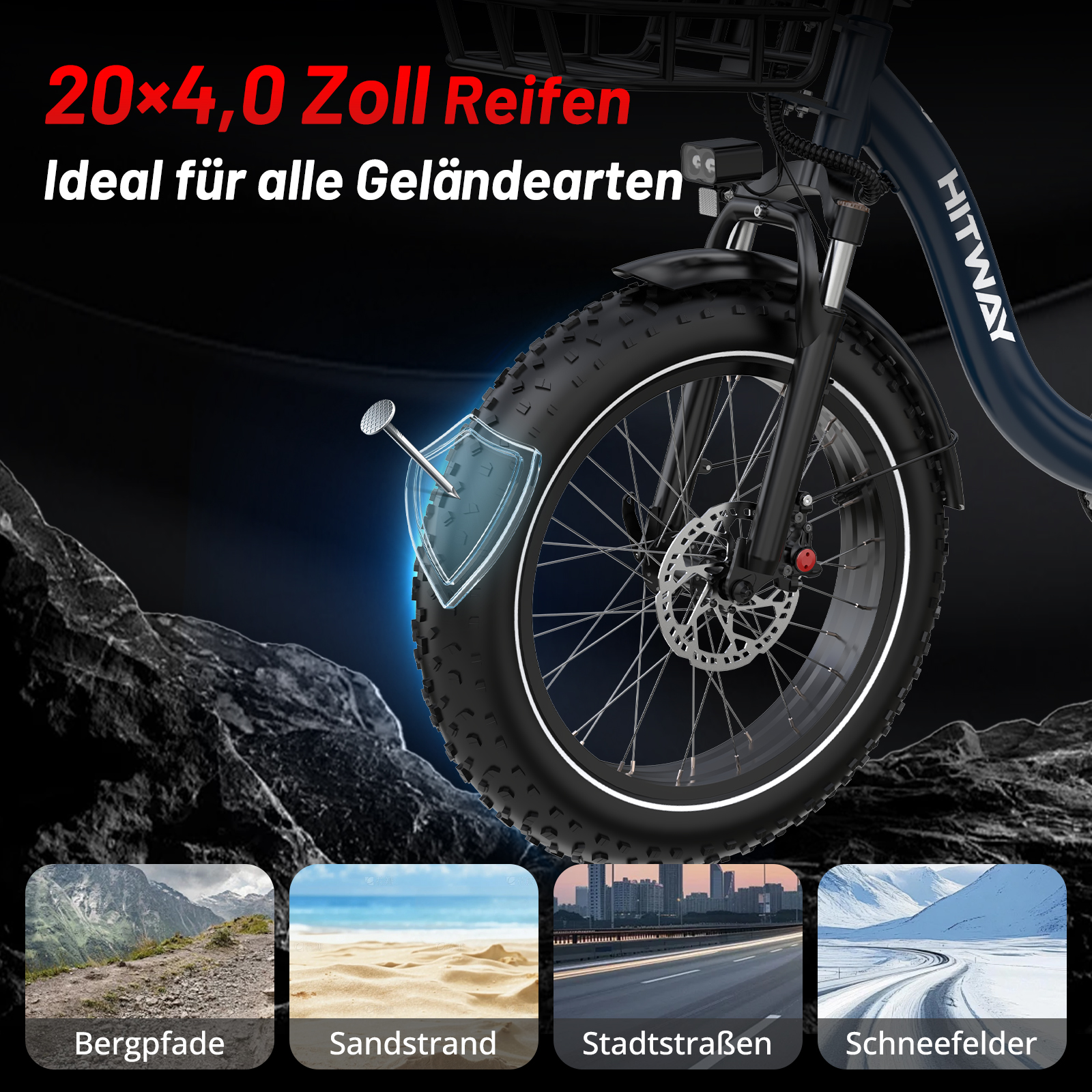 E-Bike Reifen mit Nagel und deutscher Werbung für Berg, Strand, Stadt und Schnee.