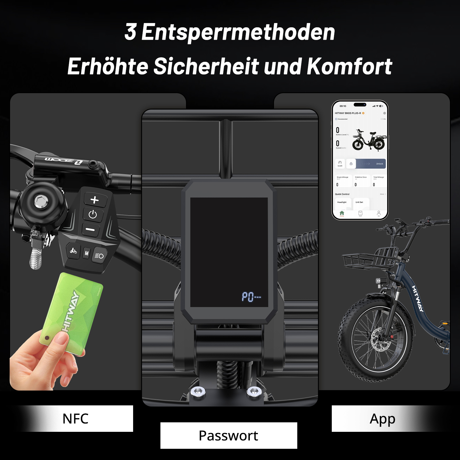Drei Entsperrmethoden eines E-Bikes: NFC-Karte, Passwort am Display und Smartphone-App.