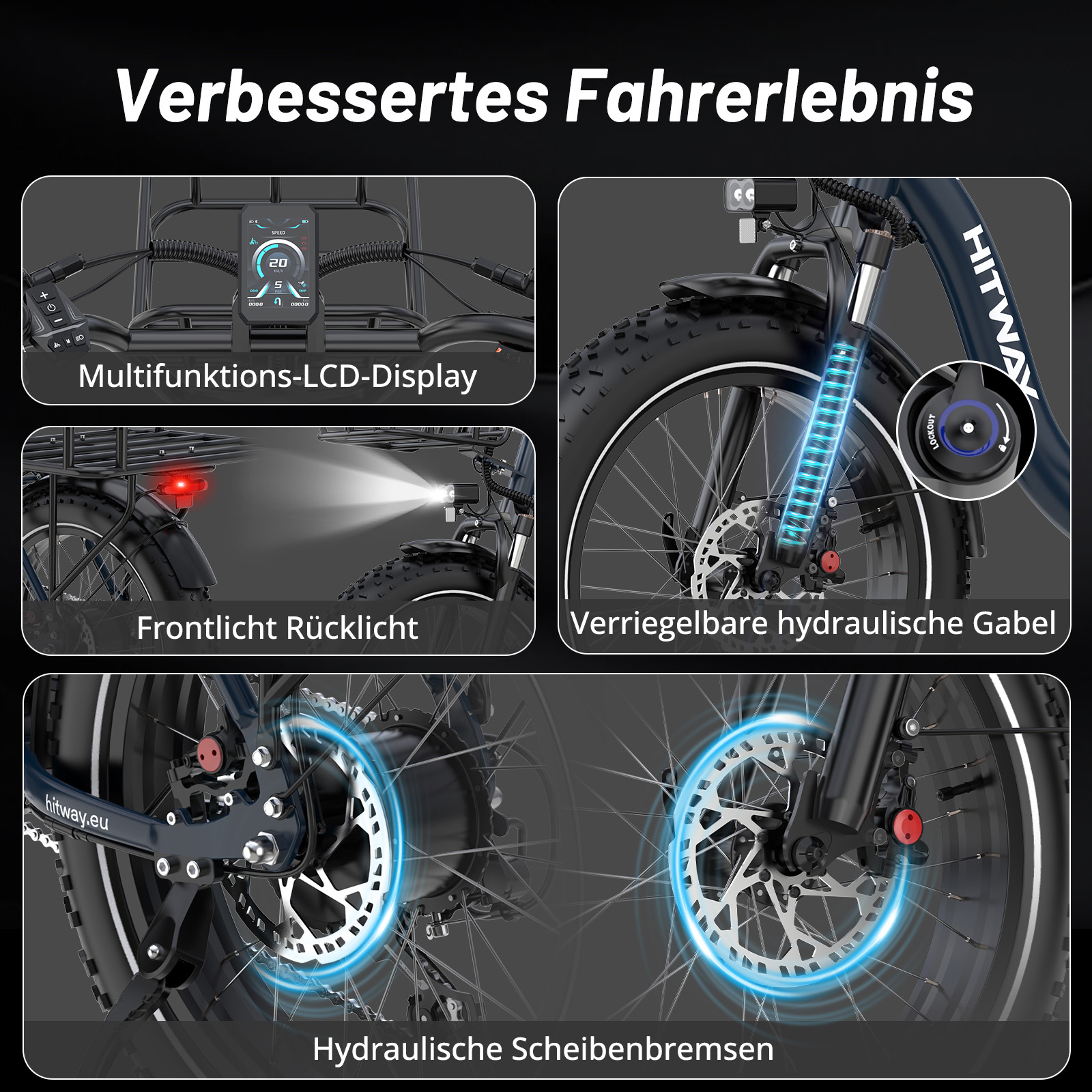 E-Bike Merkmale: LCD-Display, hydraulische Gabel, Beleuchtung und Scheibenbremsen.