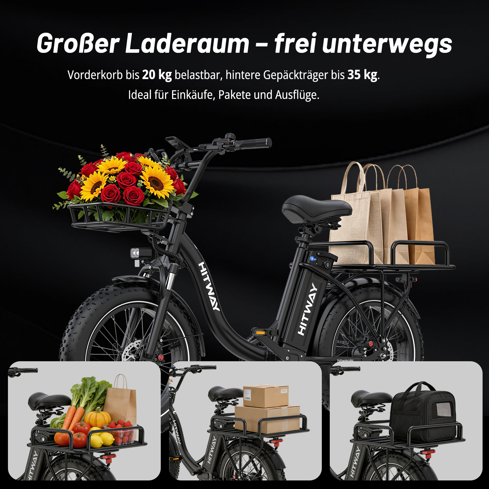 Ein schwarzes E-Bike mit Blumenkorb vorne und Einkaufstaschen hinten, sowie drei Anwendungsbeispielen.