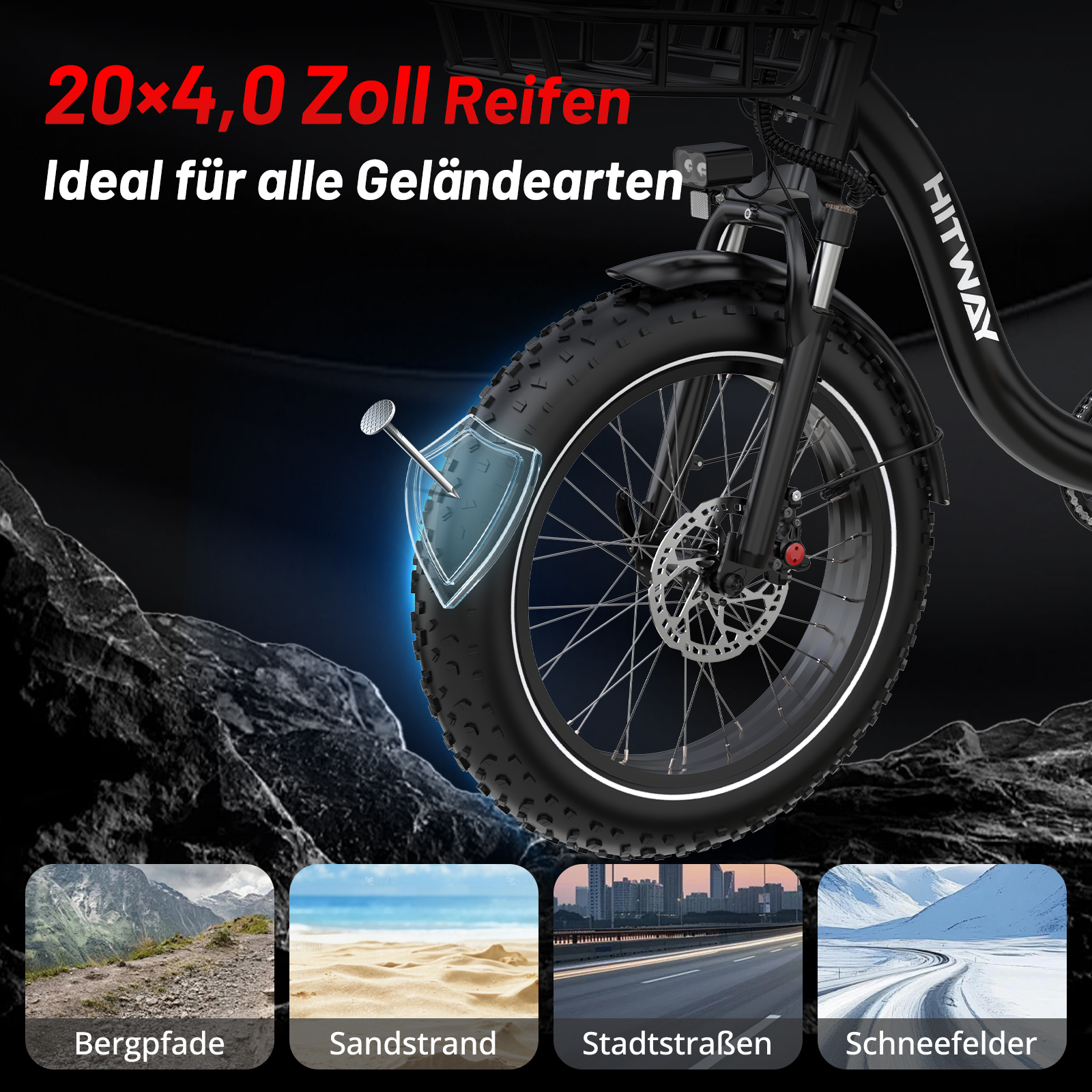 Hitway E-Bike mit 20x4 Zoll Reifen für verschiedene Gelände, mit Schutzschild gegen Nägel.