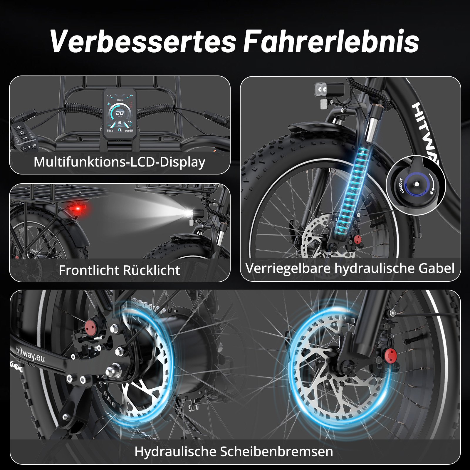 Fahrrad-Features im Detail: LCD-Display, hydraulische Gabel, Beleuchtung und hydraulische Scheibenbremsen.