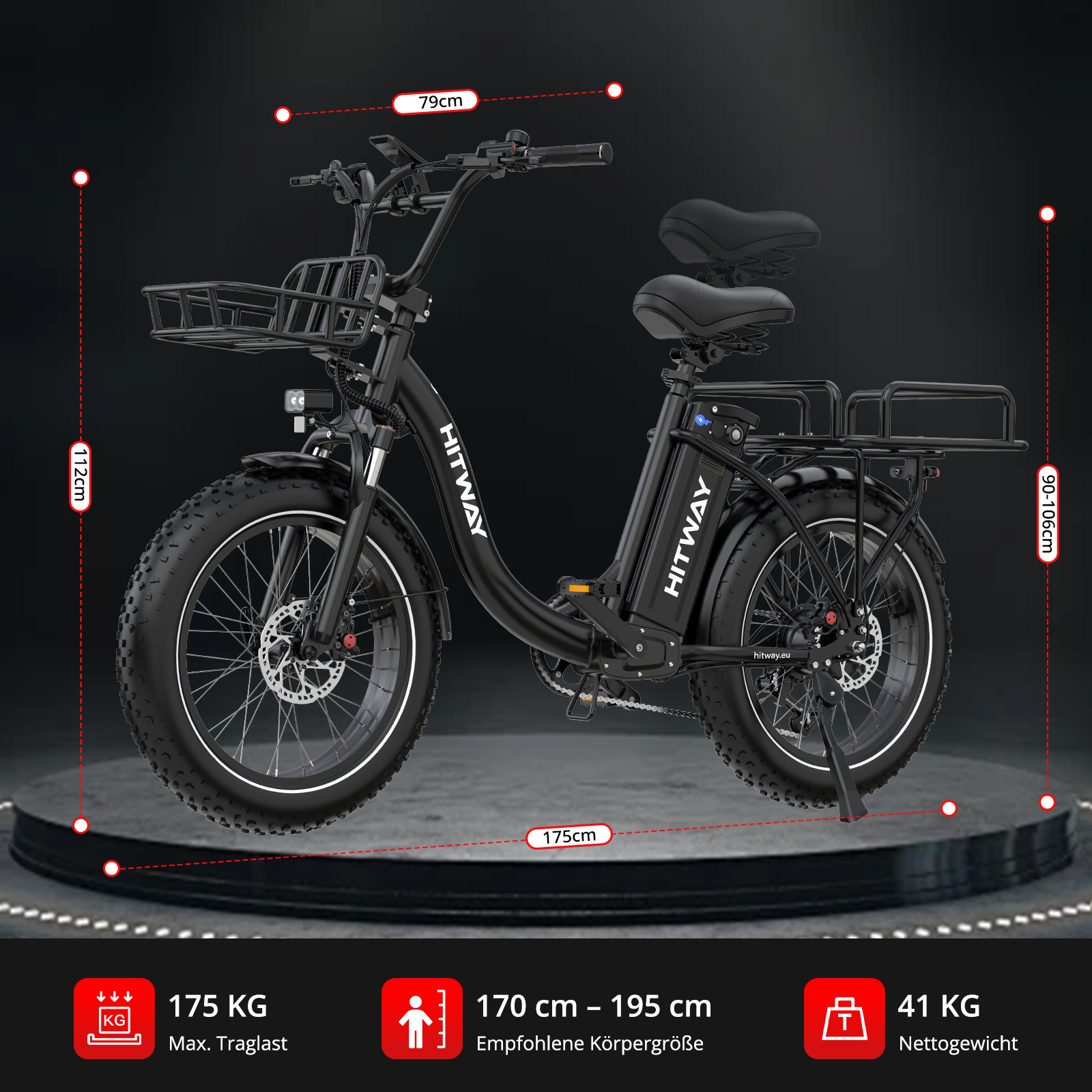 Schwarzes Hitway-E-Bike mit Korb, zwei Sitzen und Maßangaben auf dunkelgrauem Hintergrund.