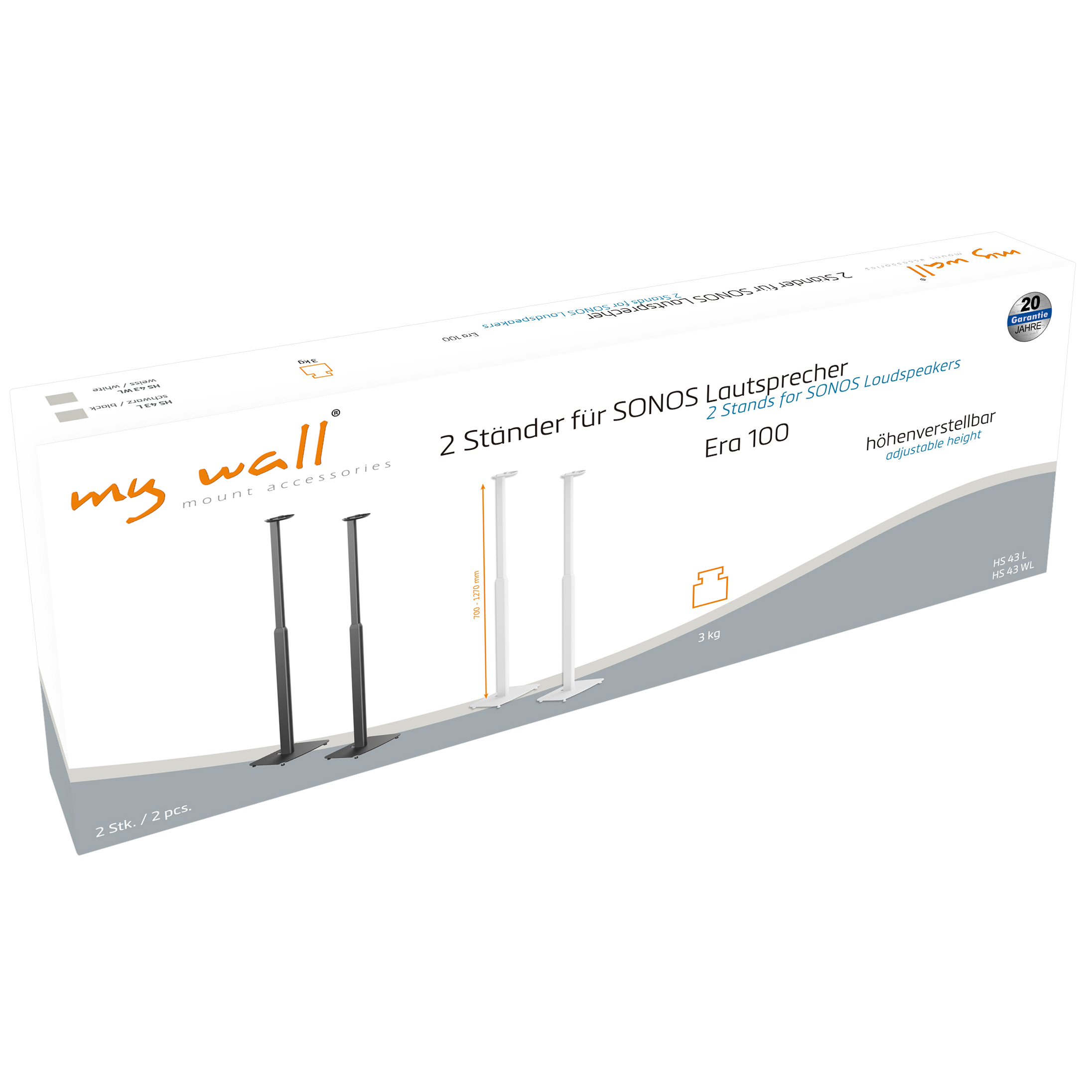 Verpackung von MyWall mit zwei höhenverstellbaren Lautsprecherständern für Sonos Era 100.