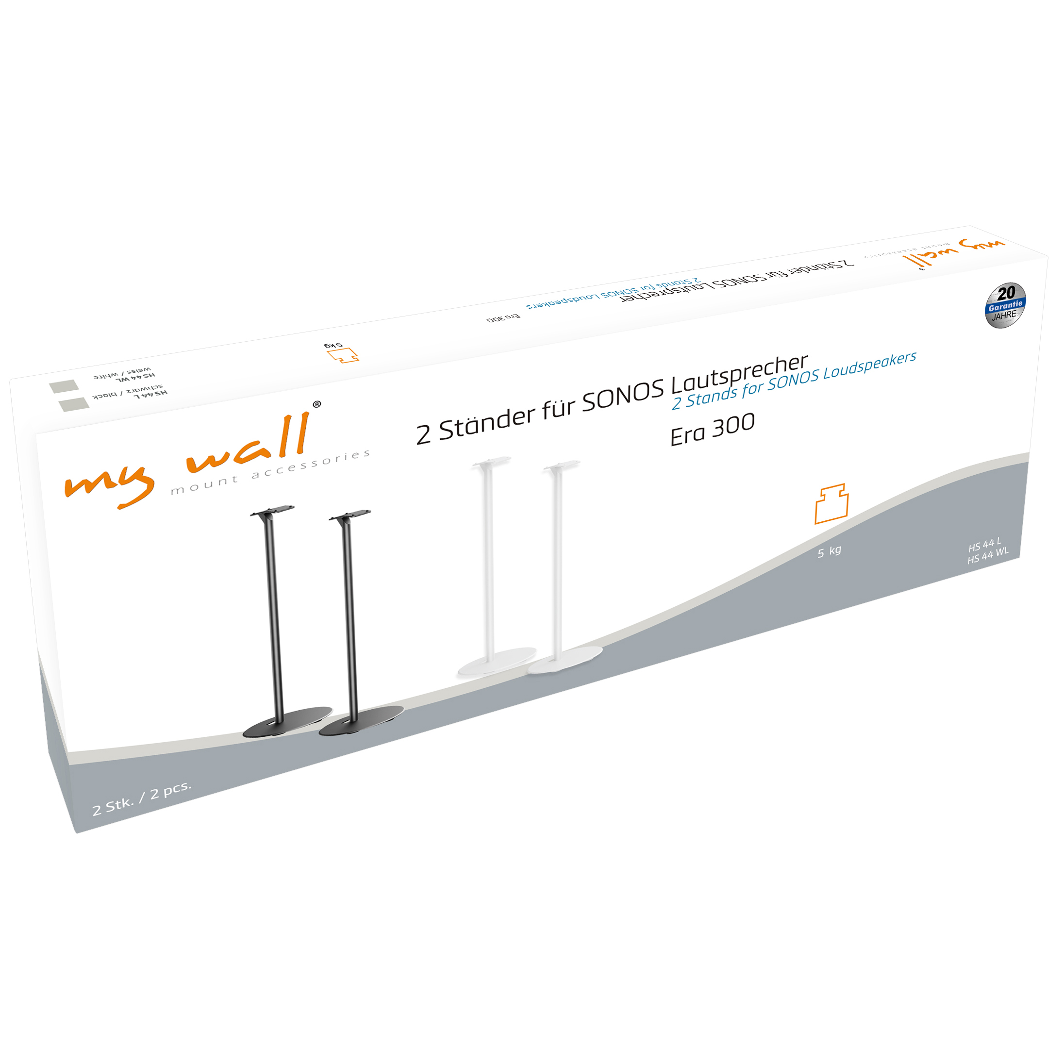 Produktverpackung für My Wall Lautsprecherständer für Sonos Era 300 mit schwarzen und weißen Ständern.
