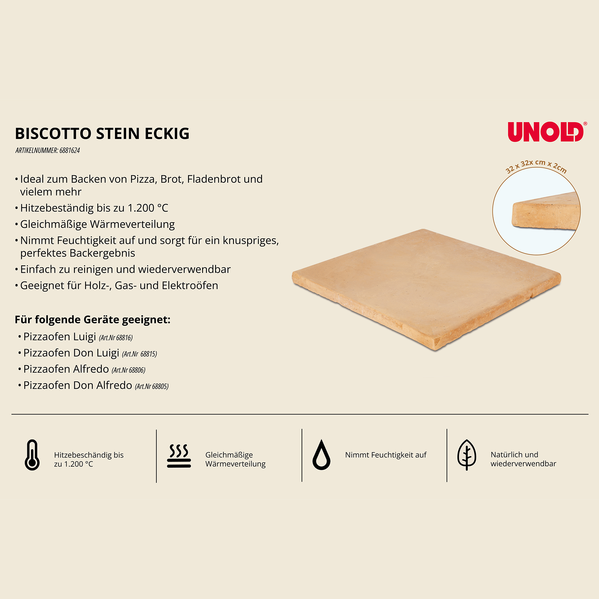 Produktwerbung für eckigen Biscotto-Stein mit Texten, Merkmalen, Kompatibilität und Produktabbildung.