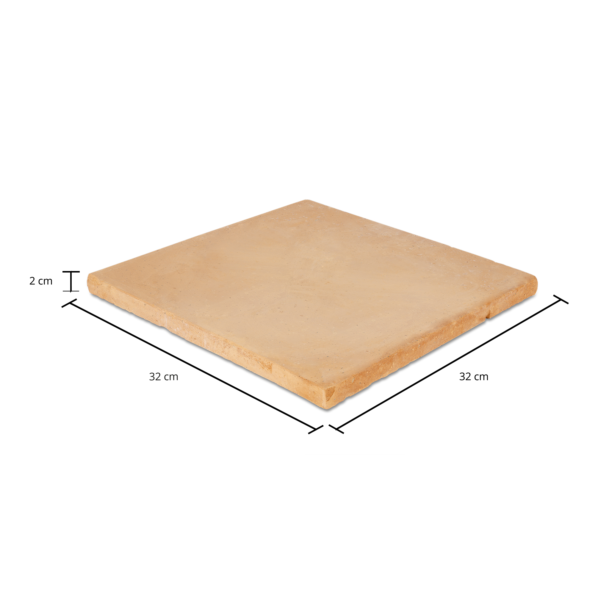 Eine quadratische, beige Fliese mit 32x32 cm und 2 cm Dicke auf weißem Grund mit Maßangaben.