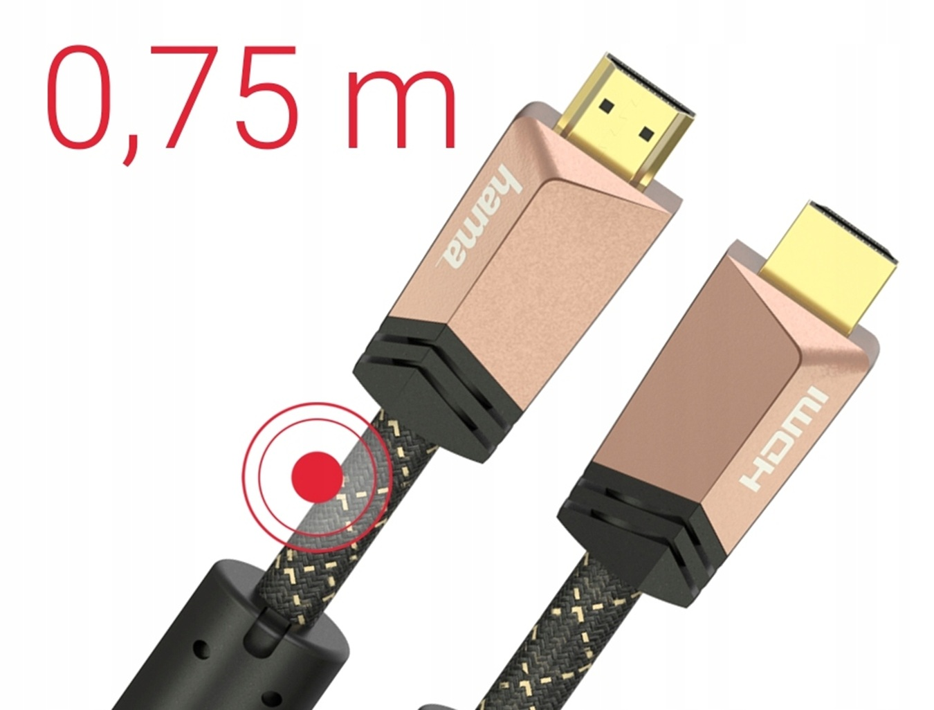 Dwa złote kable HDMI z plecionym wzorem i czerwonym tekstem 0,75 m.