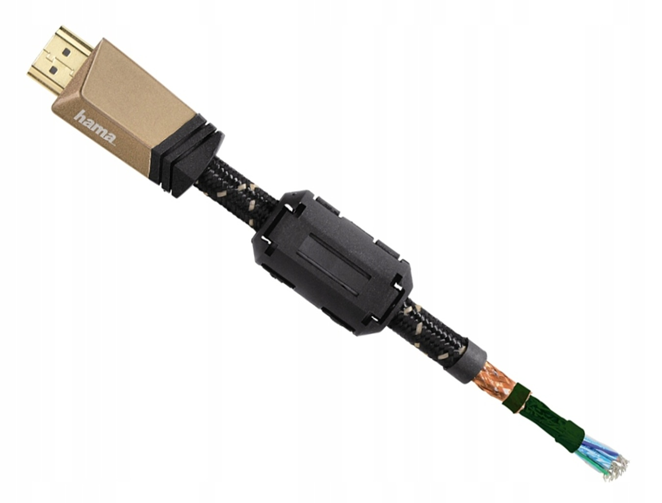 Kabel HDMI Hama ze złotym złączem, czarnym oplatem, rdzeniem ferrytowym i odsłoniętymi kolorowymi żyłami.