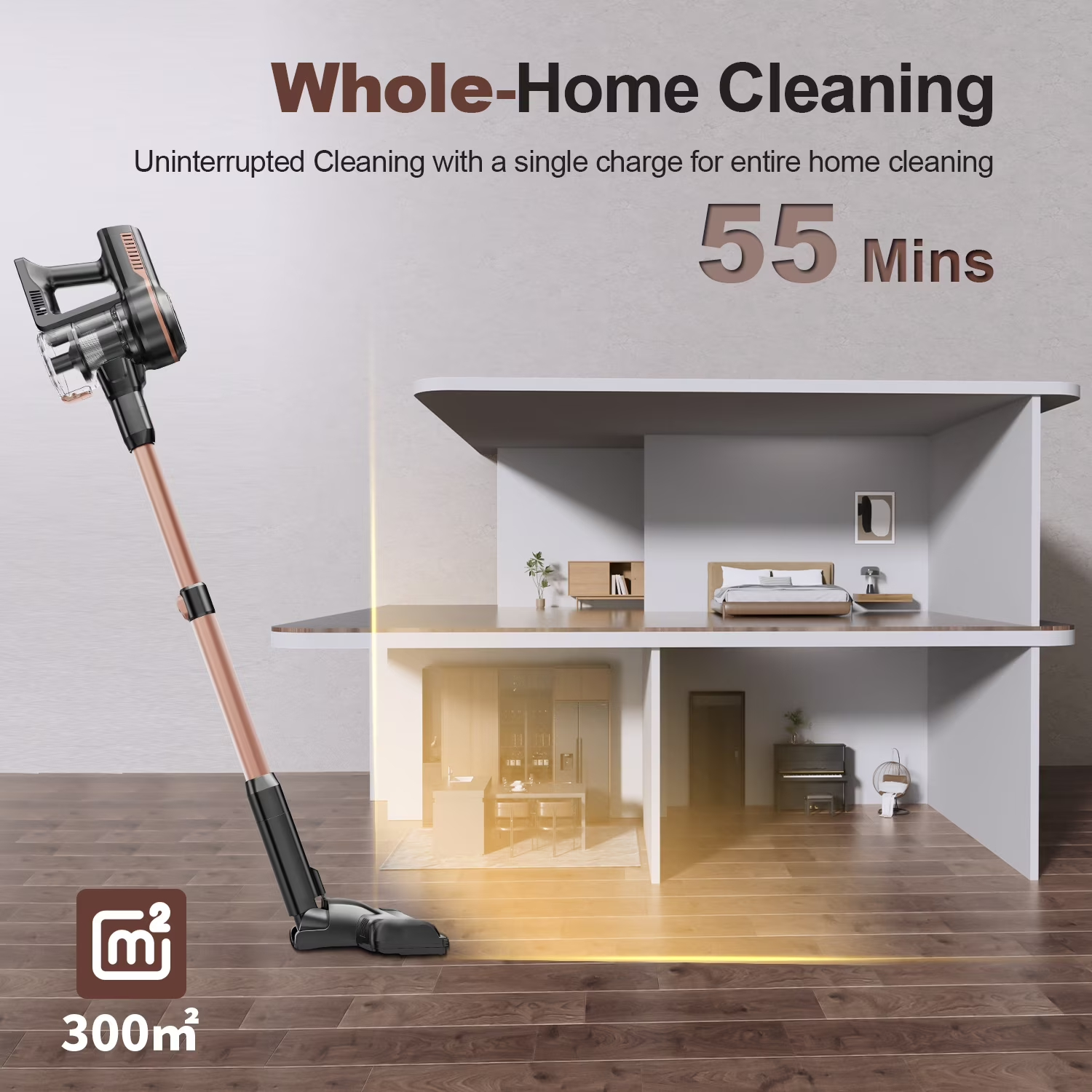 Un aspirateur sans fil devant une maison miniature met en avant 55 min d'autonomie et 300m² de couverture.