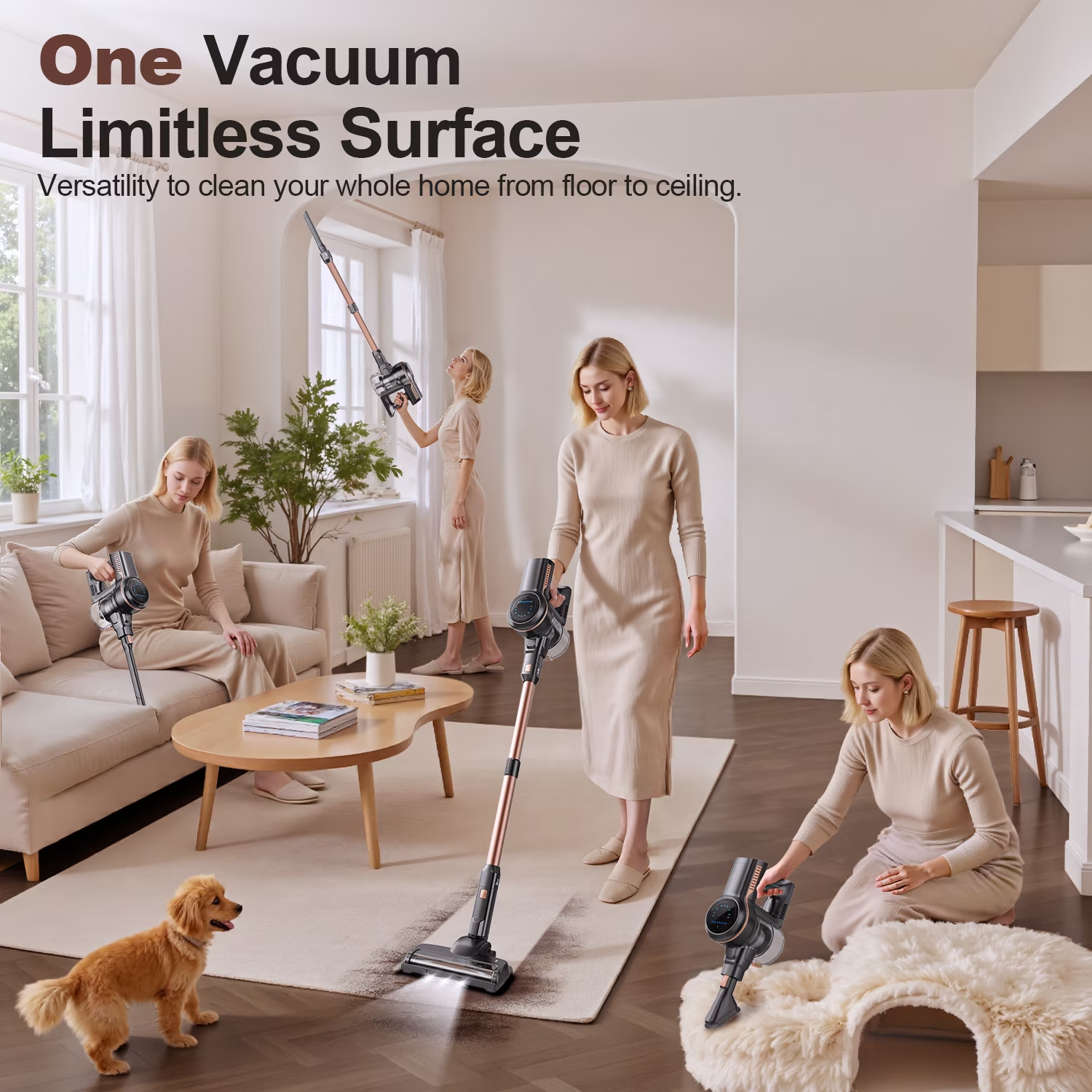 Une femme en robe beige utilise un aspirateur sans fil dans divers endroits de la maison.