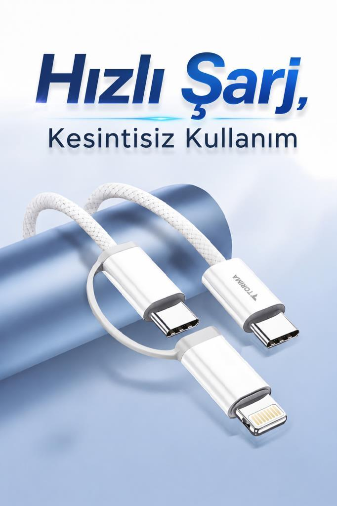 Mavi arka plan üzerinde çoklu konektörlere sahip beyaz örgülü şarj kablosu.