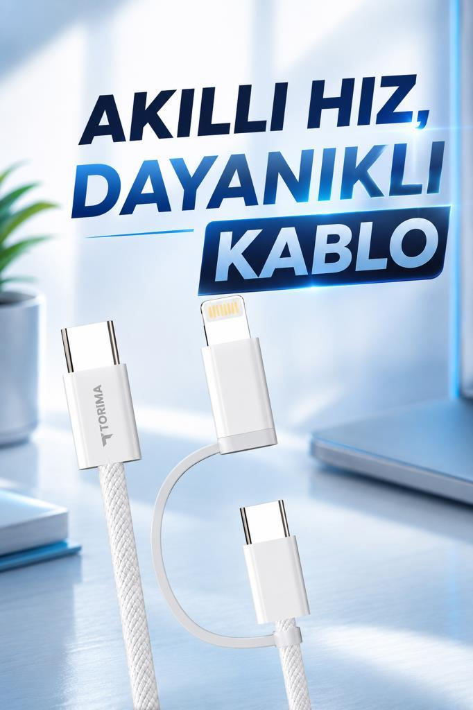 Ahşap bir masa üzerinde çoklu konektörlere sahip beyaz bir şarj kablosu duruyor.