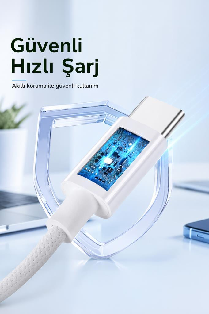 Şeffaf kasalı beyaz bir USB-C kablosu, kalkan simgesi önünde mavi bir devre kartı gösteriyor.