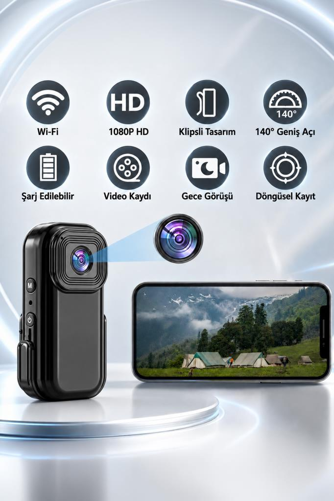 Wi-Fi, HD, gece görüşü ve 140 derece geniş açılı merceğe sahip siyah mini kamera.