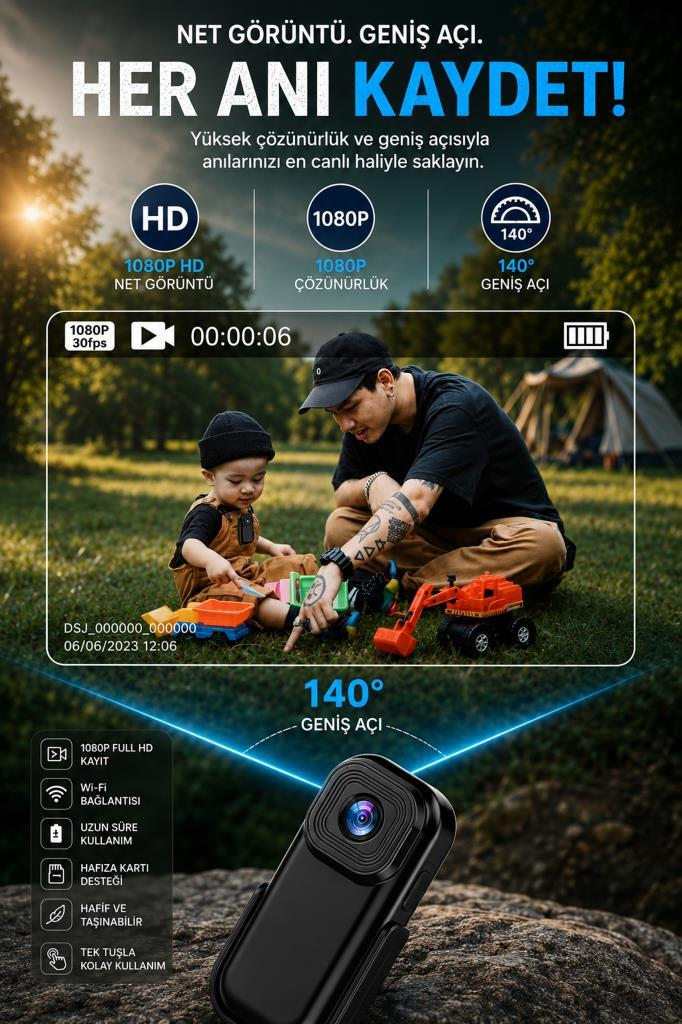 Açık havada oyuncaklarla oynayan baba ve çocuğu gösteren küçük bir HD kamera tanıtım afişi.