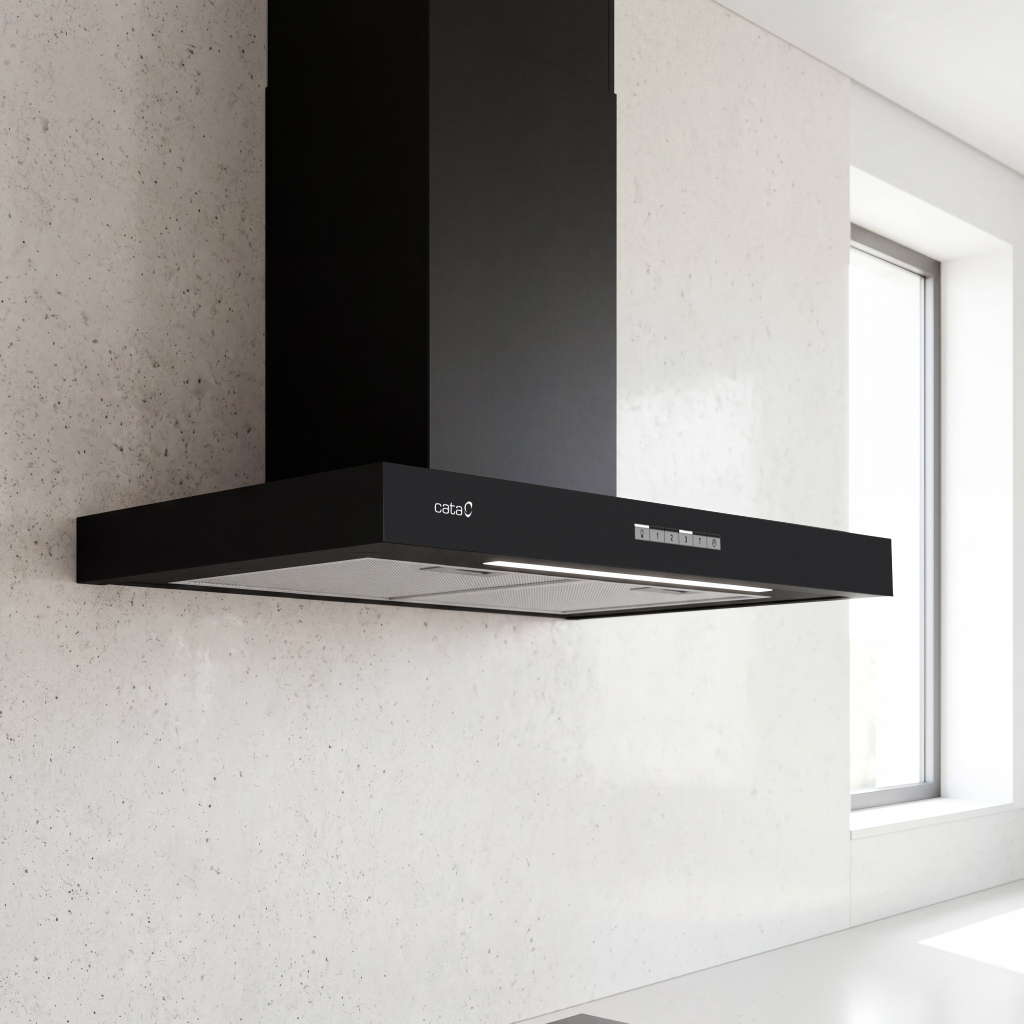 Una elegante campana extractora negra cuelga en una pared clara y texturizada en una cocina moderna.