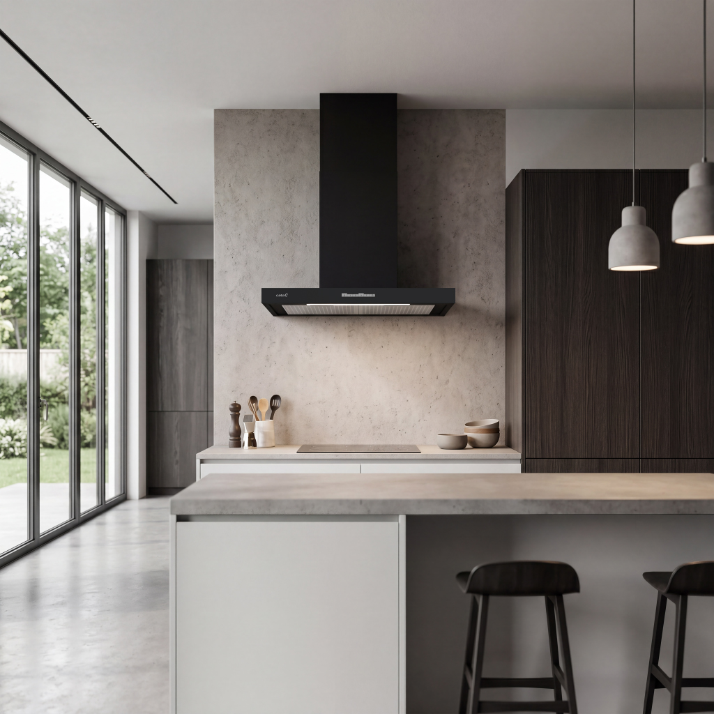 Cocina moderna con campana extractora negra, encimera clara, gabinetes oscuros y taburetes.