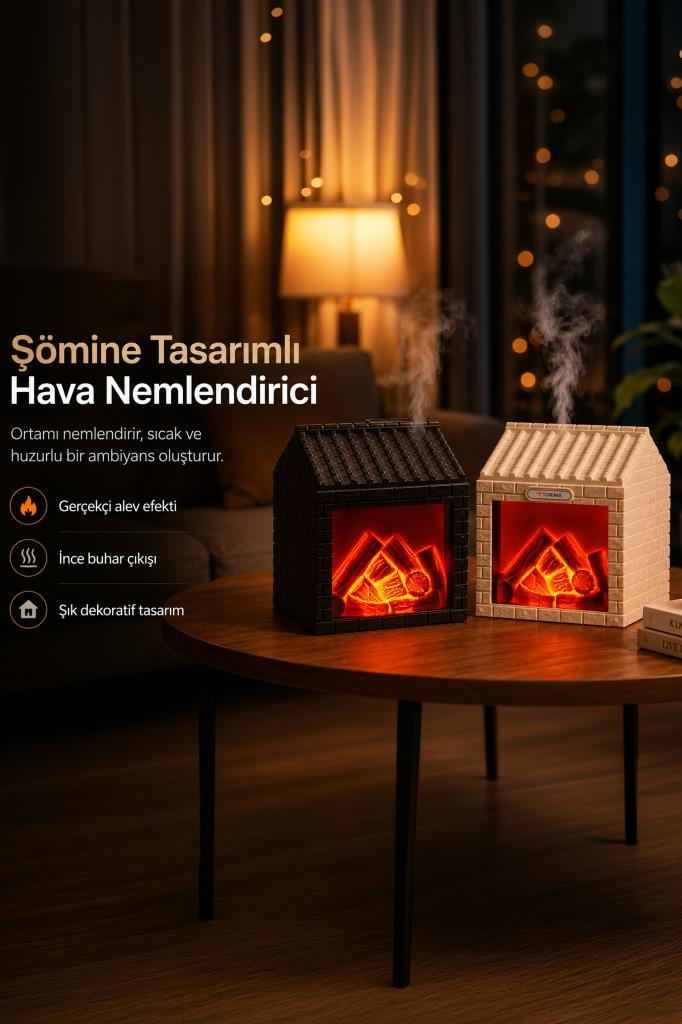 Şömine alev efektli ve buharlı iki küçük ev tasarım hava nemlendirici, ahşap sehpa üzerinde duruyor.